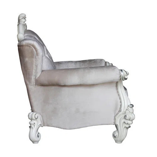 44" Ivory and Antiqued White Fabric Damask Tufted Chair and a Half And Toss Pillows-Accent Chairs-DECOROLALA
