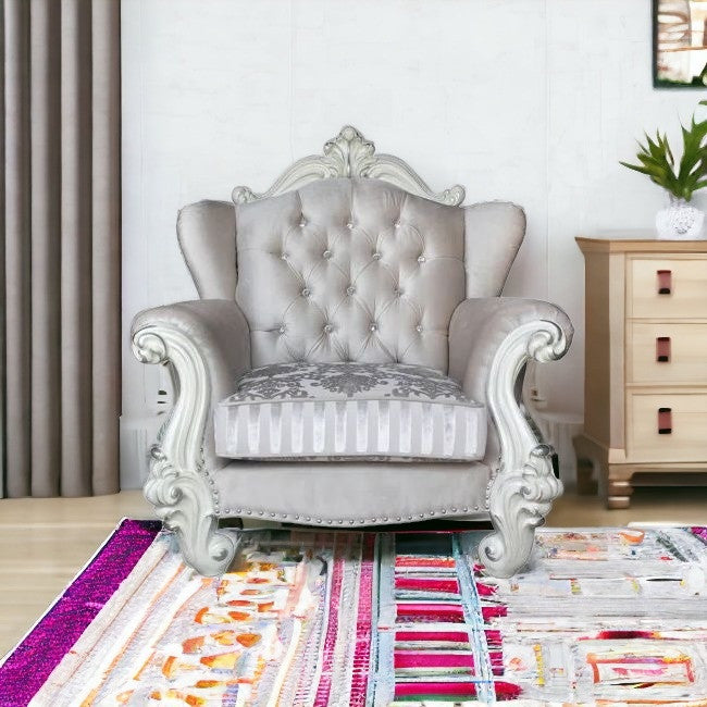 44" Ivory and Antiqued White Fabric Damask Tufted Chair and a Half And Toss Pillows-Accent Chairs-DECOROLALA