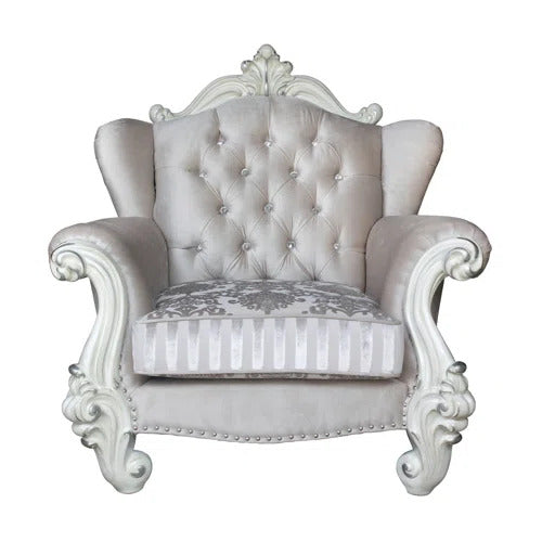 44" Ivory and Antiqued White Fabric Damask Tufted Chair and a Half And Toss Pillows-Accent Chairs-DECOROLALA