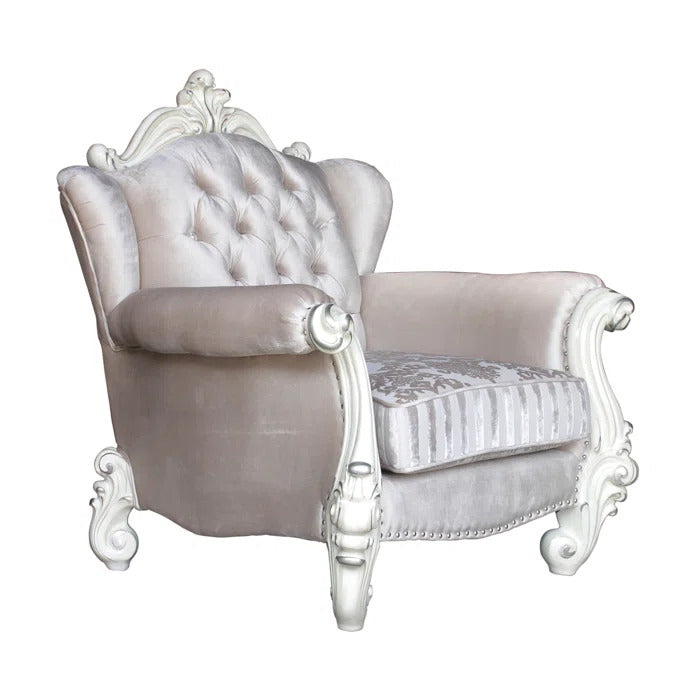 44" Ivory and Antiqued White Fabric Damask Tufted Chair and a Half And Toss Pillows-Accent Chairs-DECOROLALA