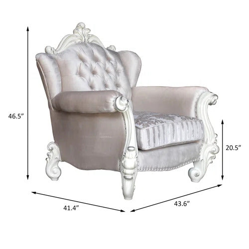 44" Ivory and Antiqued White Fabric Damask Tufted Chair and a Half And Toss Pillows-Accent Chairs-DECOROLALA