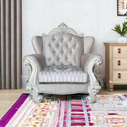 44" Ivory and Antiqued White Fabric Damask Tufted Chair and a Half And Toss Pillows-Accent Chairs-DECOROLALA