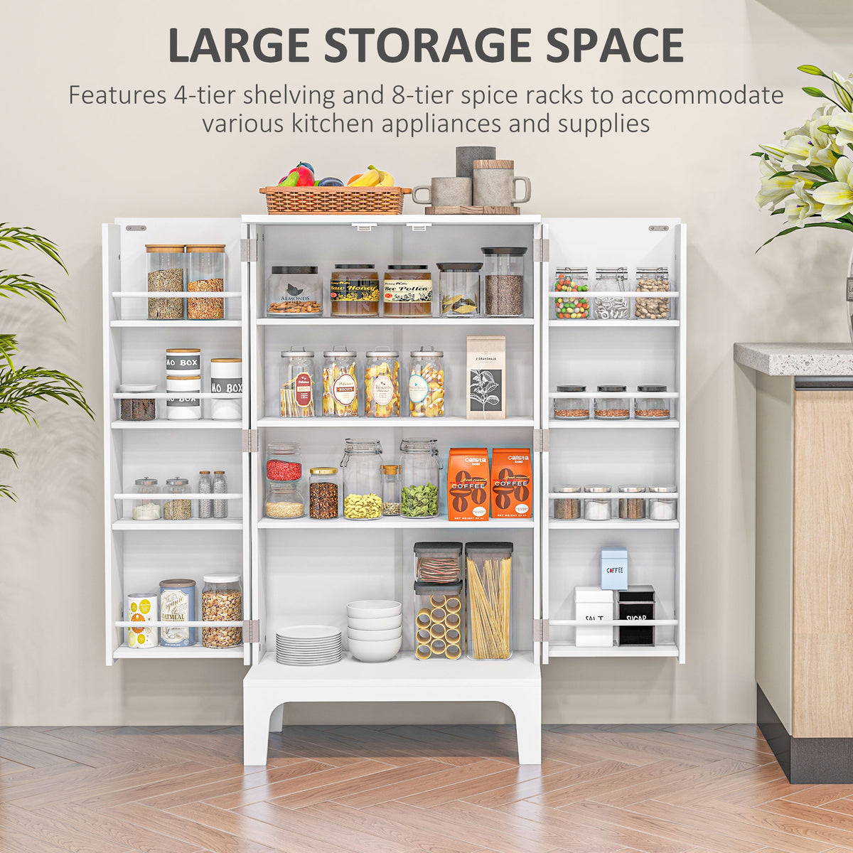 44" Kitchen Pantry Storage Cabinet with Spice Racks - White-Home Furnishings > Storage & Organization > Kitchen Pantry Cabinets-DECOROLALA
