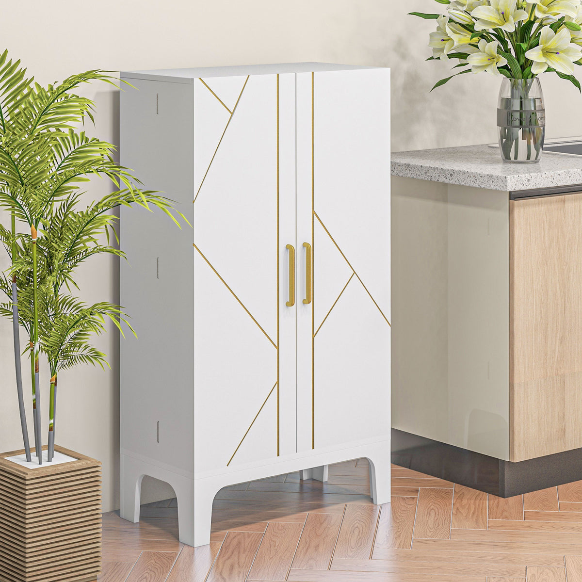 44" Kitchen Pantry Storage Cabinet with Spice Racks - White-Home Furnishings > Storage & Organization > Kitchen Pantry Cabinets-DECOROLALA
