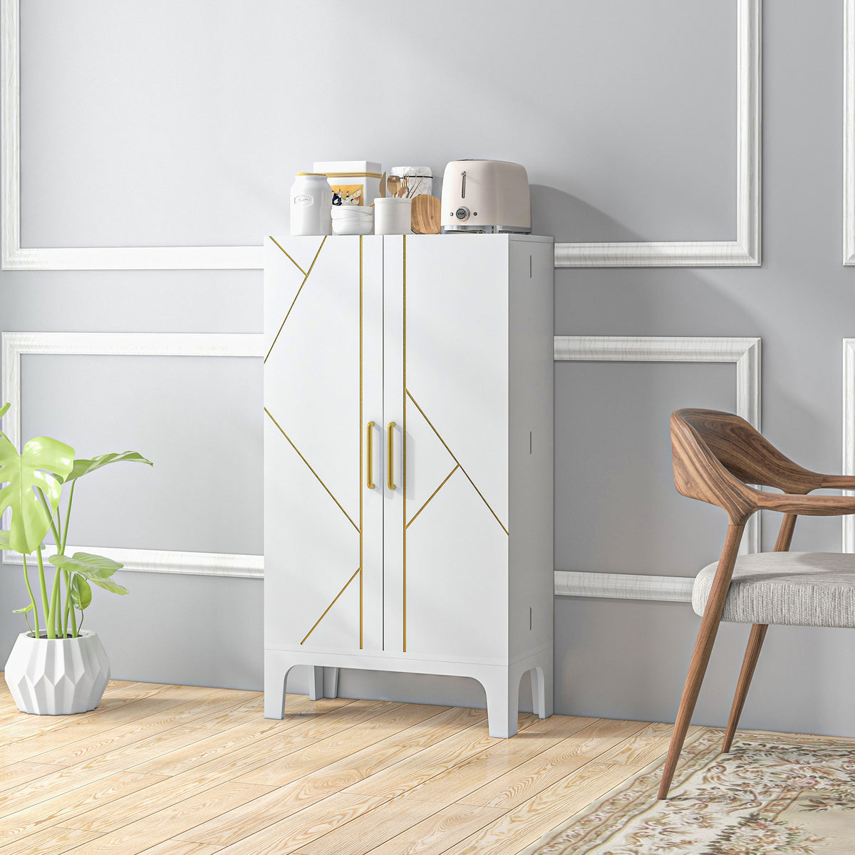 44" Kitchen Pantry Storage Cabinet with Spice Racks - White-Home Furnishings > Storage & Organization > Kitchen Pantry Cabinets-DECOROLALA