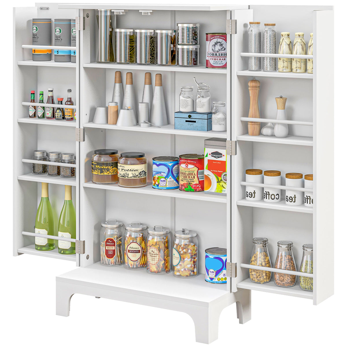 44" Kitchen Pantry Storage Cabinet with Spice Racks - White-Home Furnishings > Storage & Organization > Kitchen Pantry Cabinets-DECOROLALA