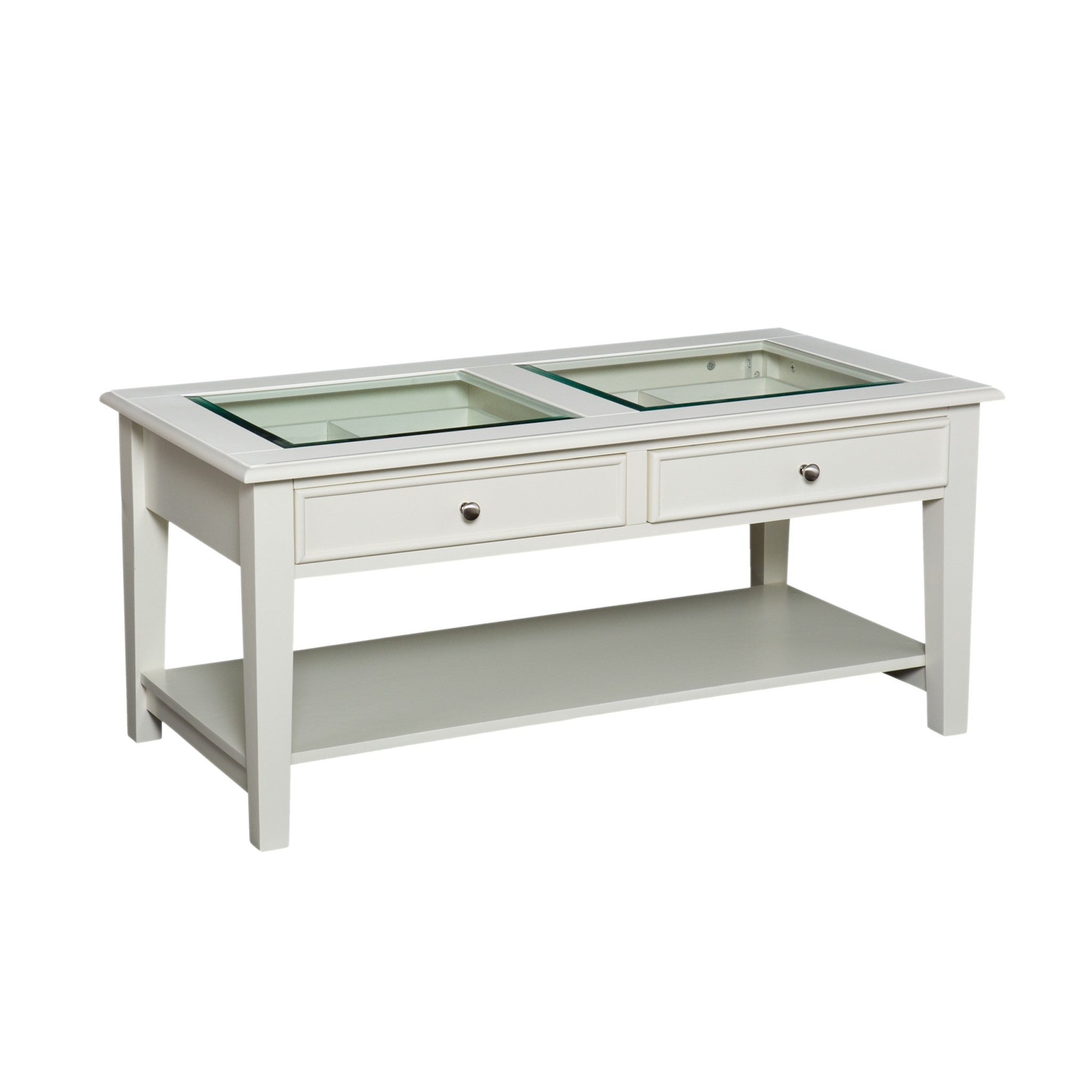 44" Off And White And Off-White Glass And Metal Rectangular Coffee Table-Coffee Tables-DECOROLALA