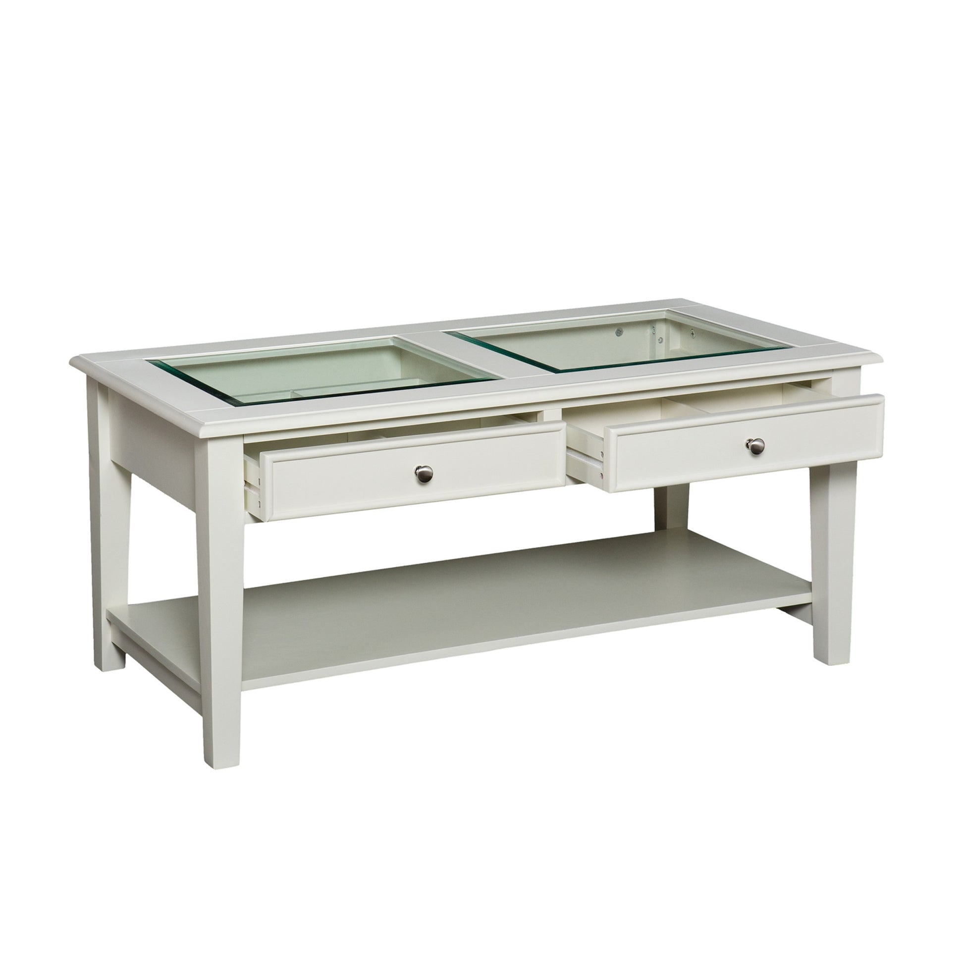 44" Off And White And Off-White Glass And Metal Rectangular Coffee Table-Coffee Tables-DECOROLALA