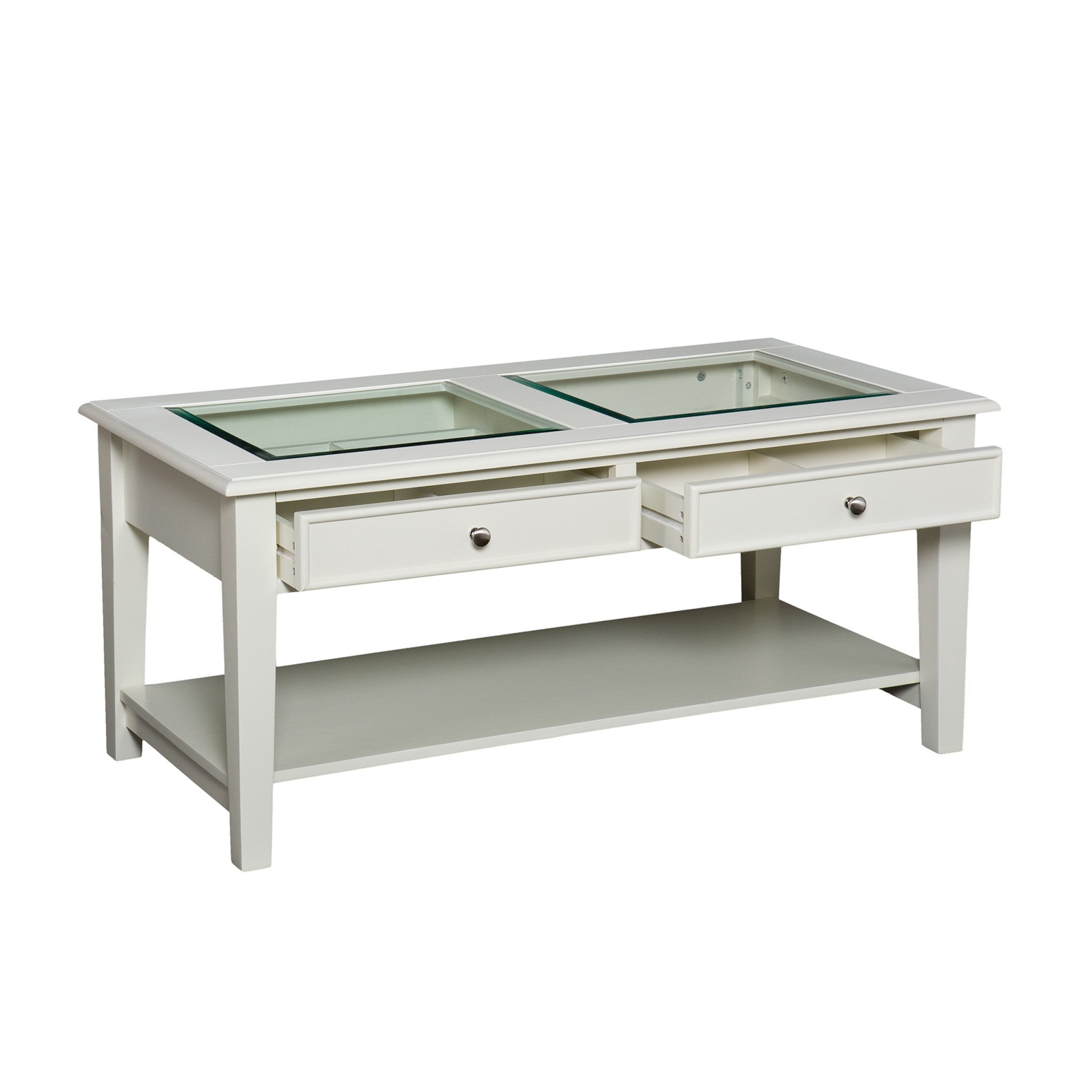 44" Off And White And Off-White Glass And Metal Rectangular Coffee Table-Coffee Tables-DECOROLALA