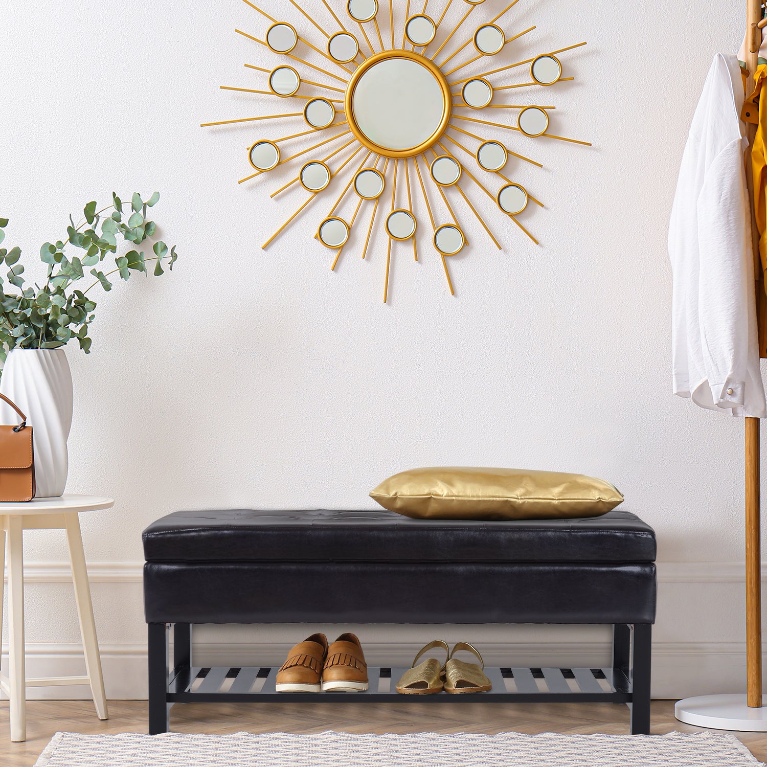 44" PU Leather Tufted Storage Ottoman Shoe Bench - Brown-DECOROLALA