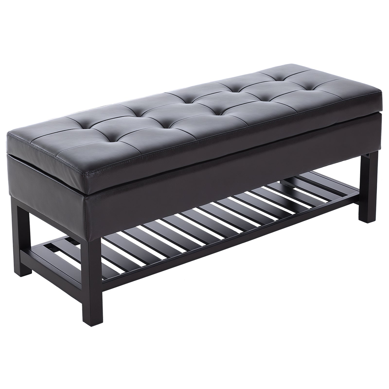 44" PU Leather Tufted Storage Ottoman Shoe Bench - Brown-DECOROLALA