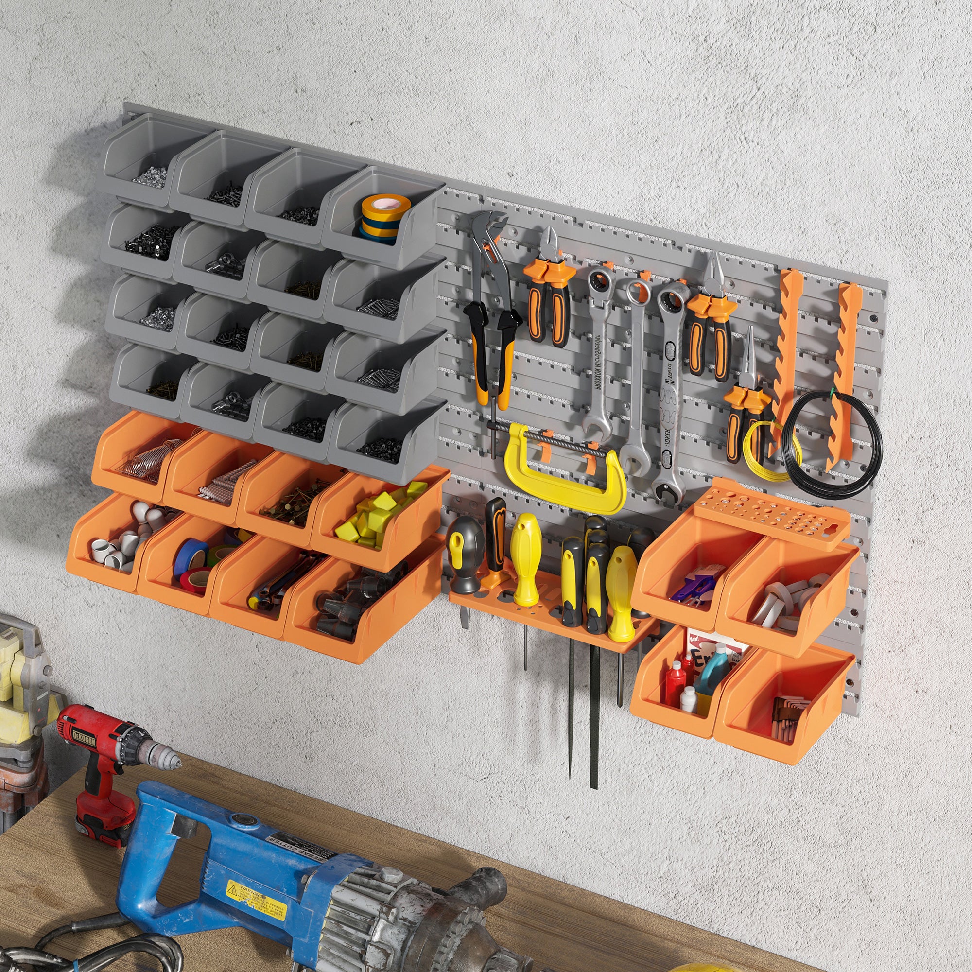 44-Piece Wall Mounted Garage Storage Bin & Pegboard Kit - Orange-Home Improvement > Tools > Tool Organizers-DECOROLALA