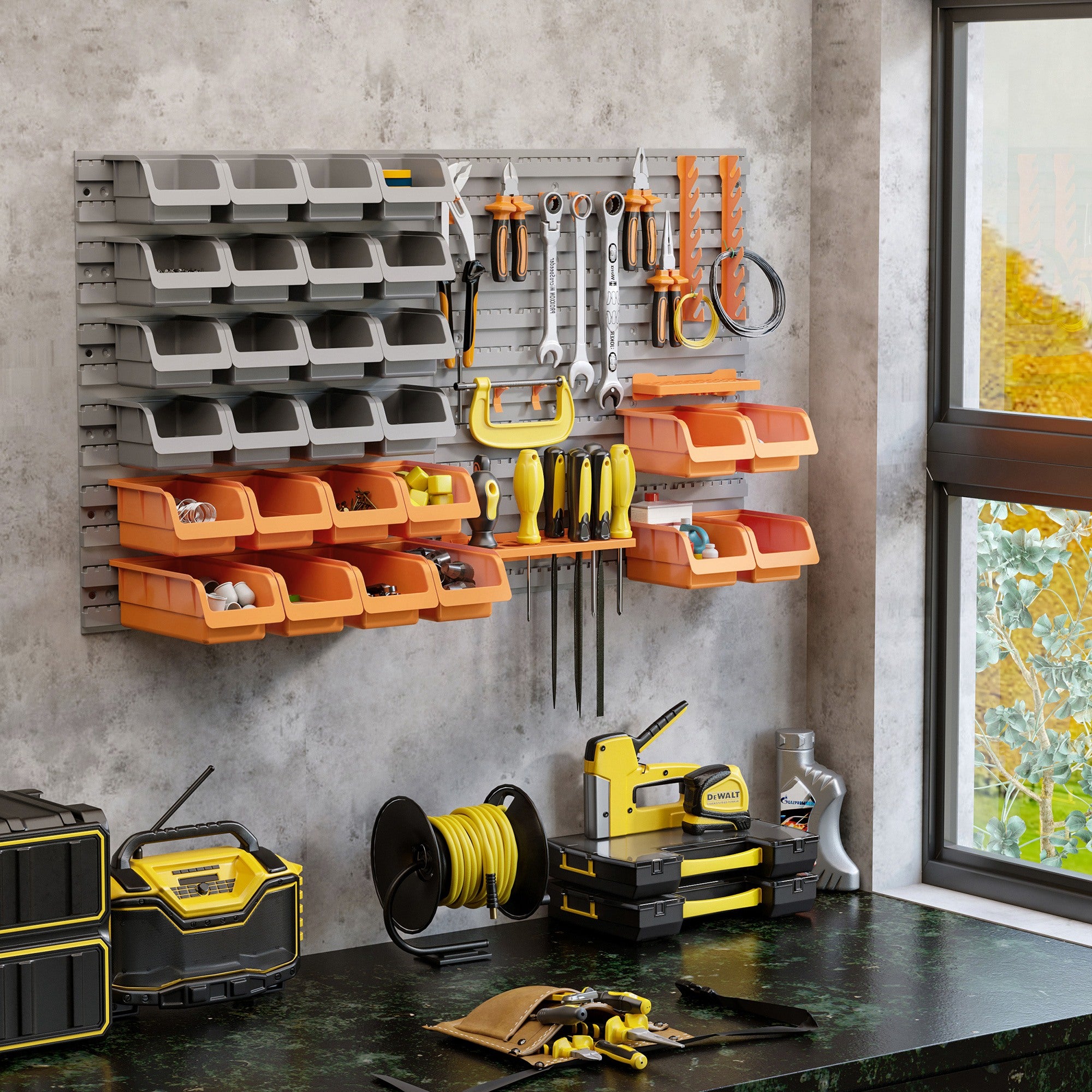 44-Piece Wall Mounted Garage Storage Bin & Pegboard Kit - Orange-Home Improvement > Tools > Tool Organizers-DECOROLALA
