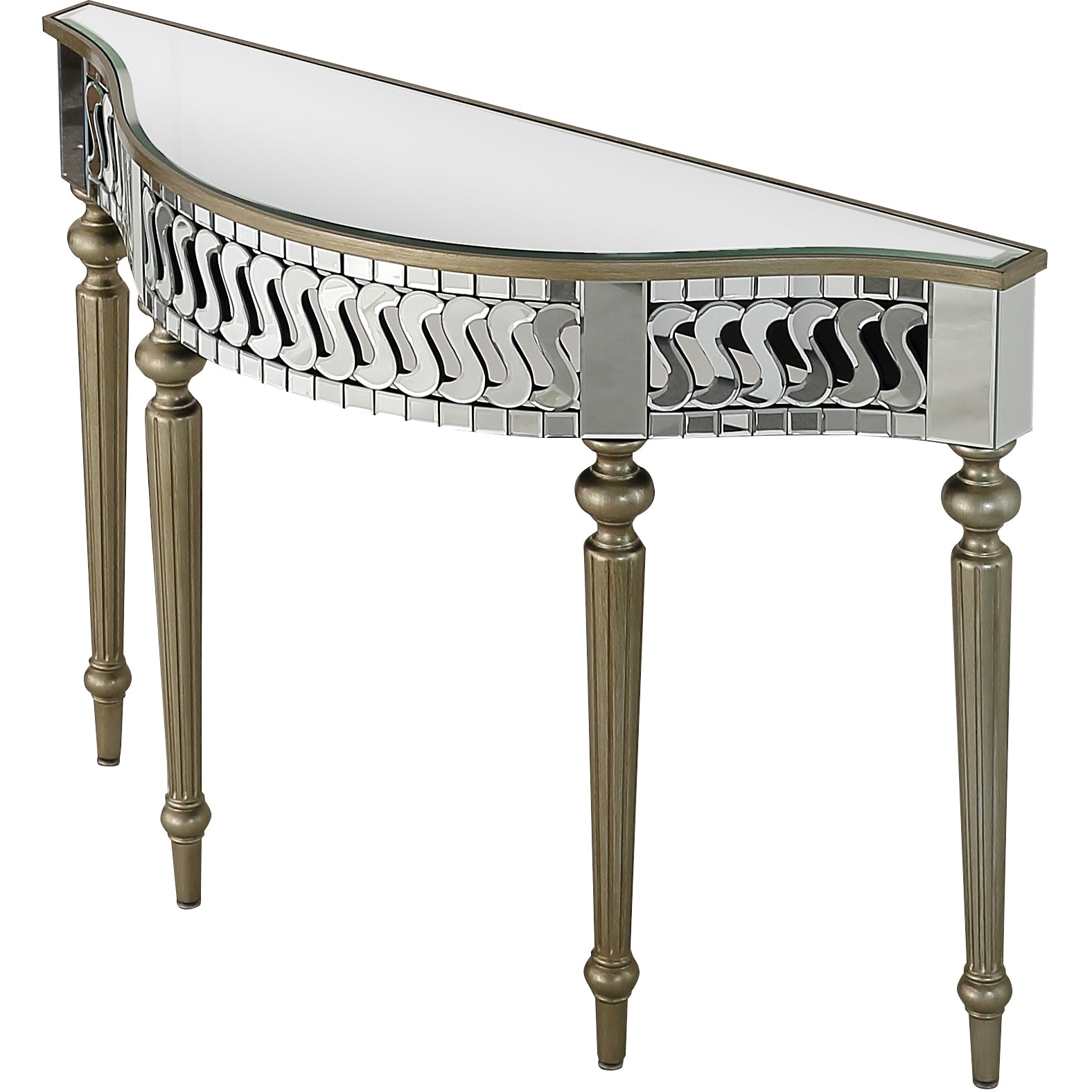 44" Silver and Gold Mirrored Glass Free Form Console Table-Console Tables-DECOROLALA