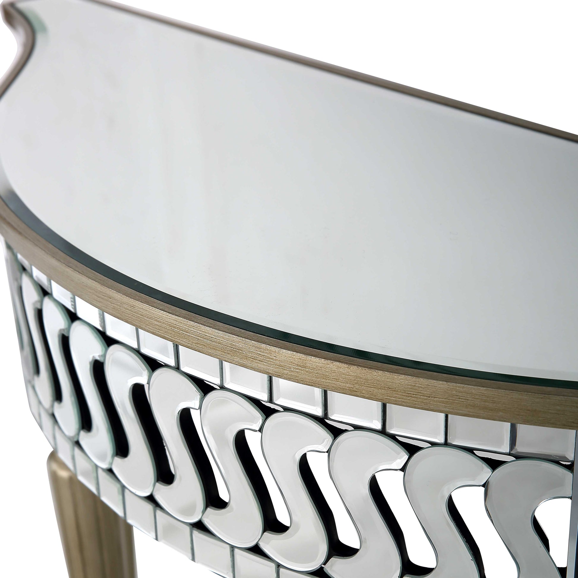 44" Silver and Gold Mirrored Glass Free Form Console Table-Console Tables-DECOROLALA