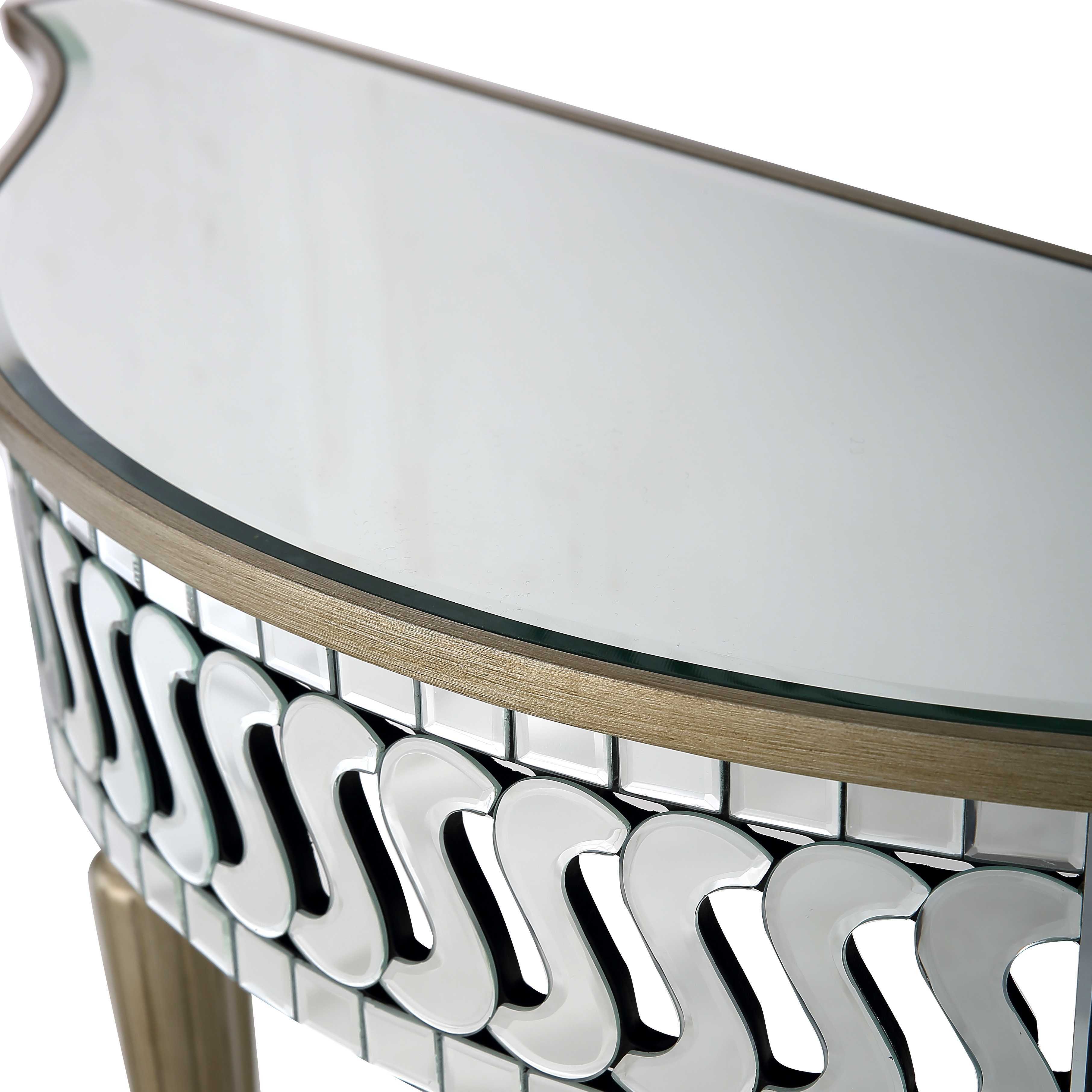 44" Silver and Gold Mirrored Glass Free Form Console Table-Console Tables-DECOROLALA