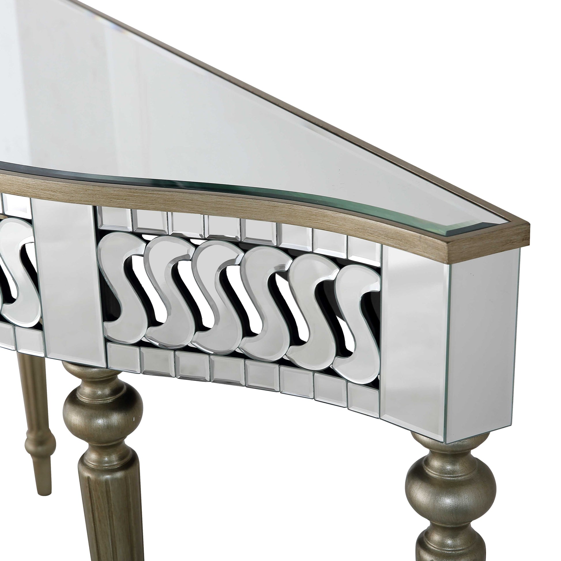 44" Silver and Gold Mirrored Glass Free Form Console Table-Console Tables-DECOROLALA