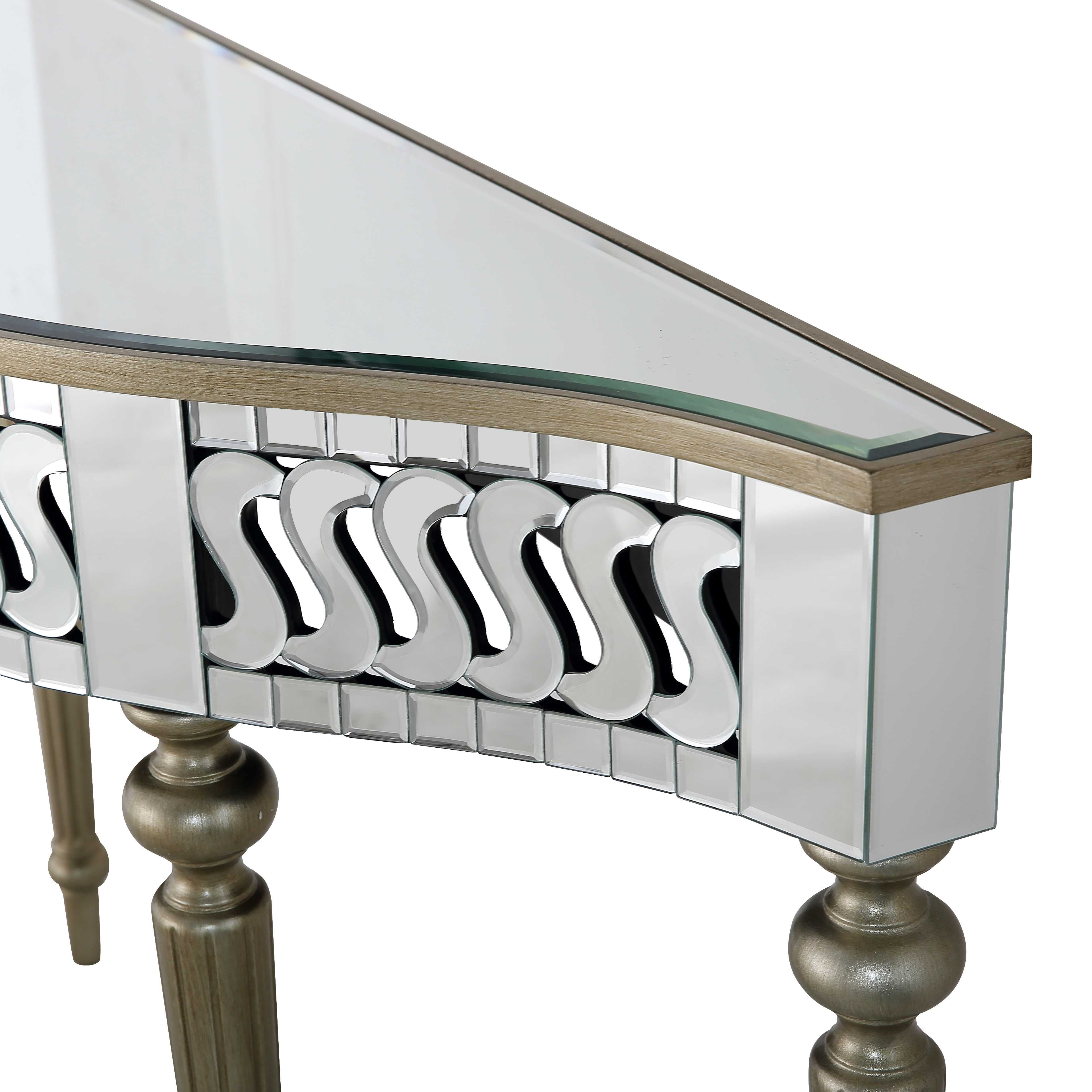 44" Silver and Gold Mirrored Glass Free Form Console Table-Console Tables-DECOROLALA