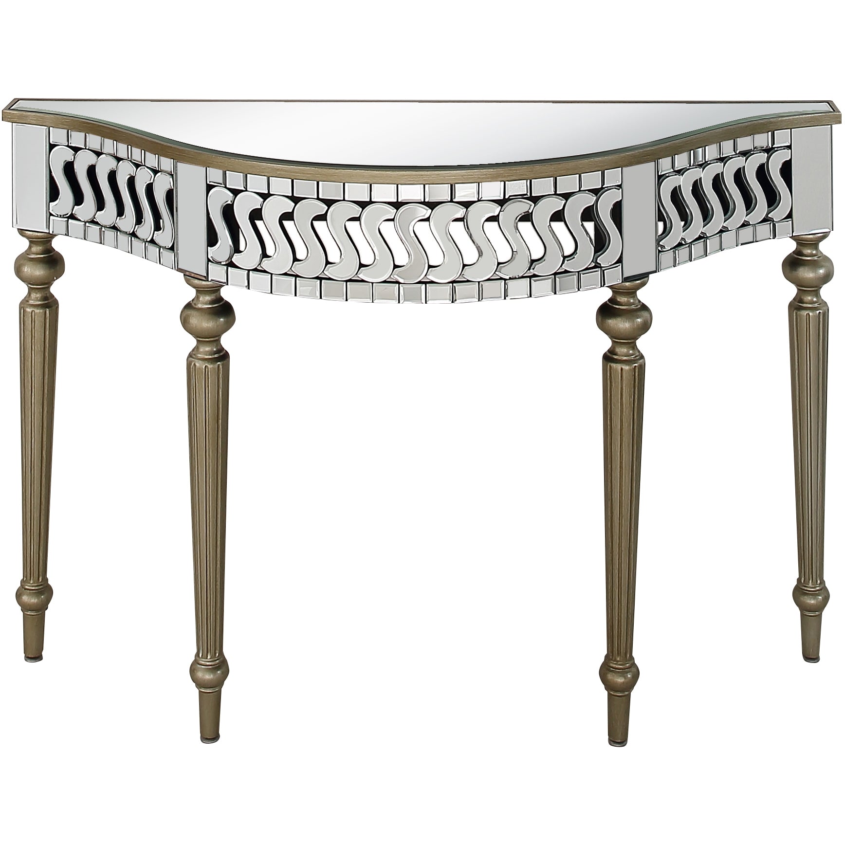44" Silver and Gold Mirrored Glass Free Form Console Table-Console Tables-DECOROLALA