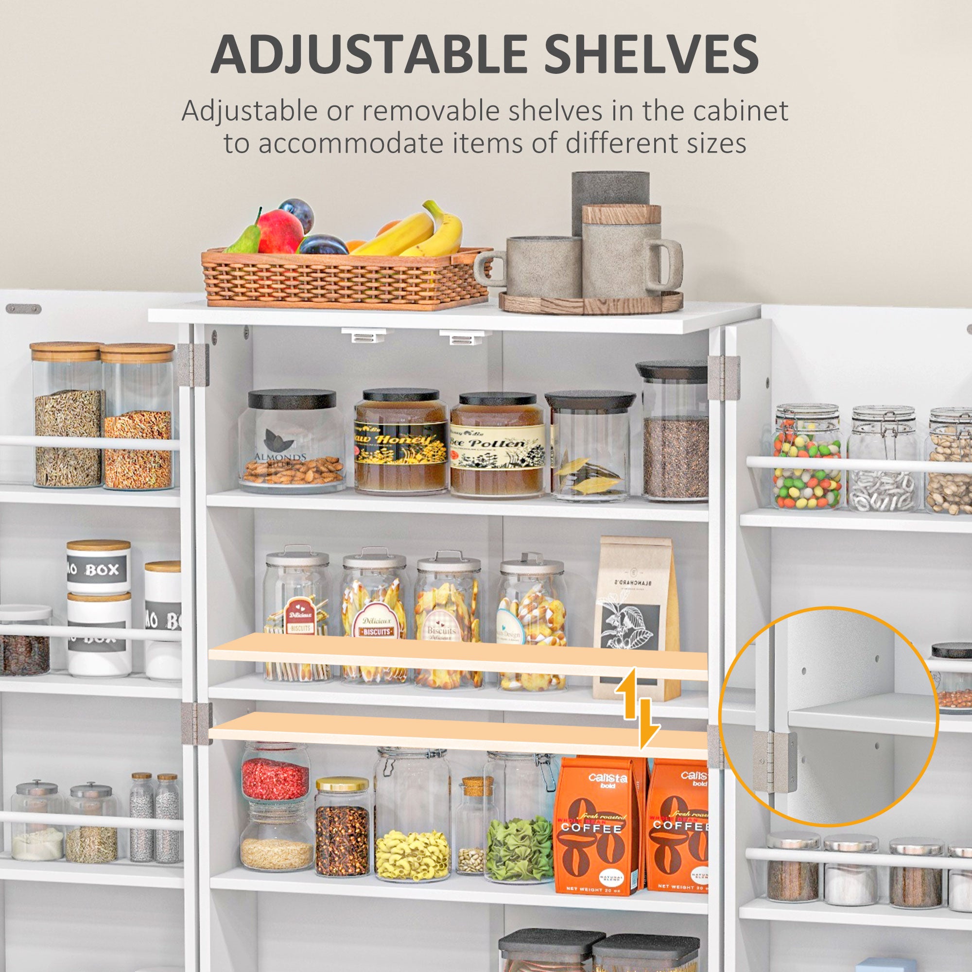 44" Storage Cabinet, 2-Door Kitchen Pantry Cabinet with 4-tier Shelving, 8 Spice Racks and Adjustable Shelves-Home Furnishings > Storage & Organization > Kitchen Pantry Cabinets-DECOROLALA
