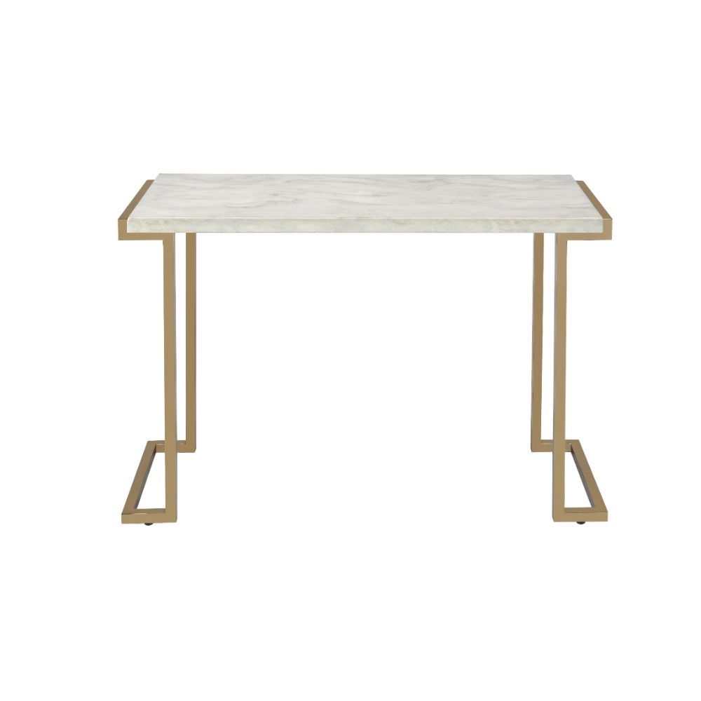 44" White and Gold Faux Marble And Iron Sled Coffee Table-Coffee Tables-DECOROLALA