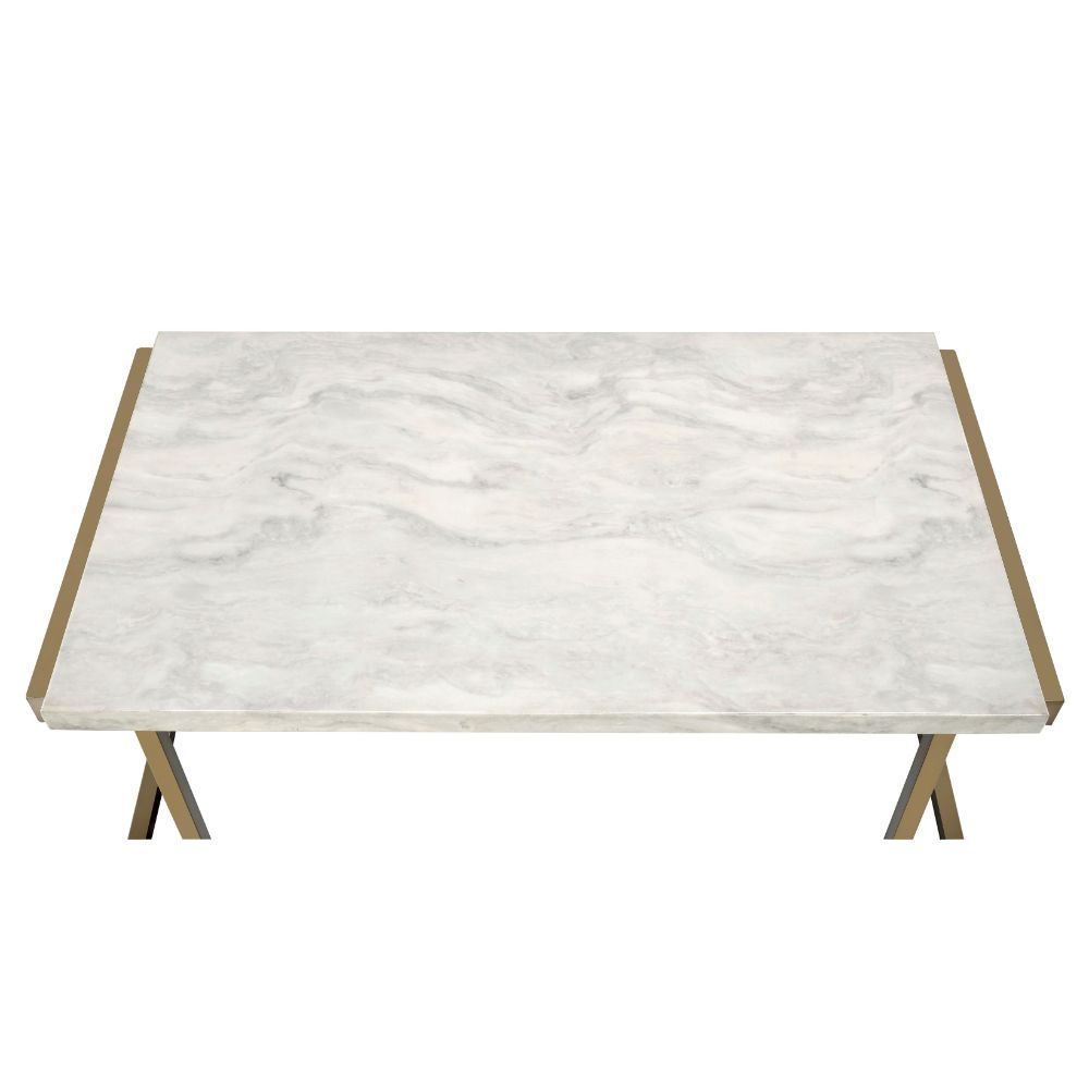 44" White and Gold Faux Marble And Iron Sled Coffee Table-Coffee Tables-DECOROLALA