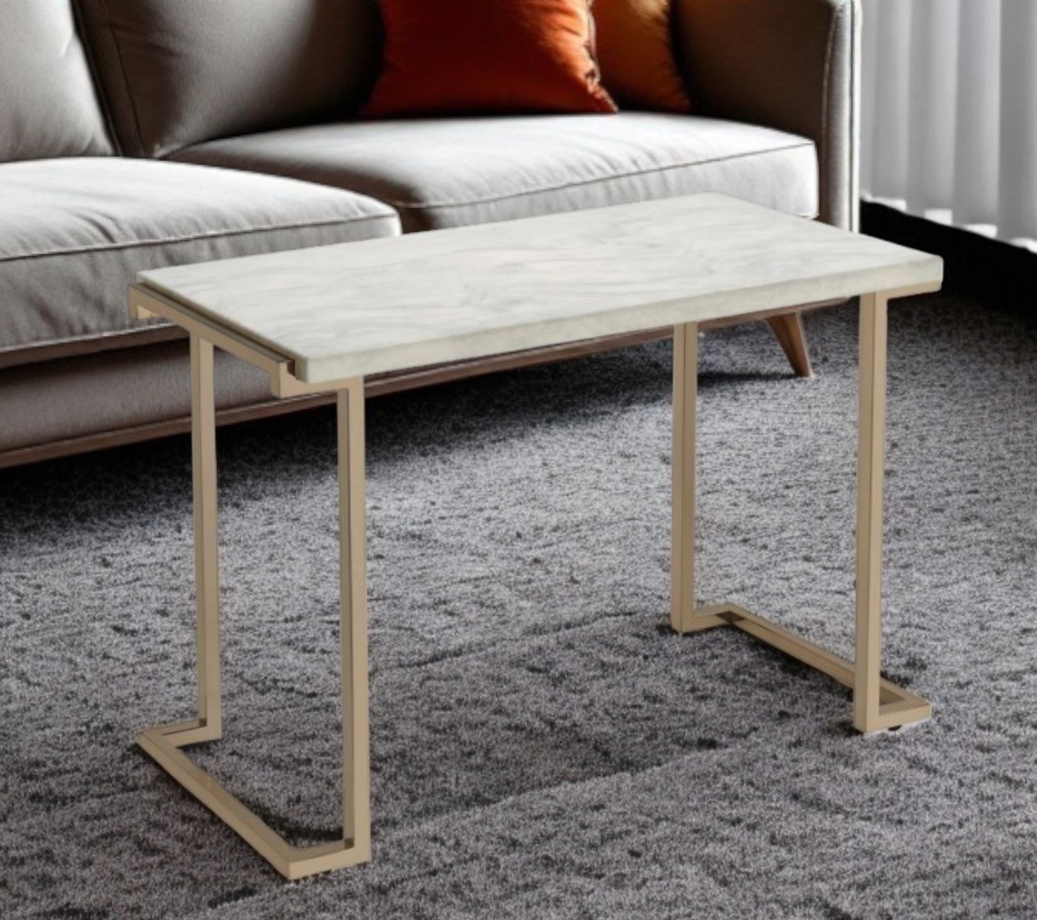 44" White and Gold Faux Marble And Iron Sled Coffee Table-Coffee Tables-DECOROLALA