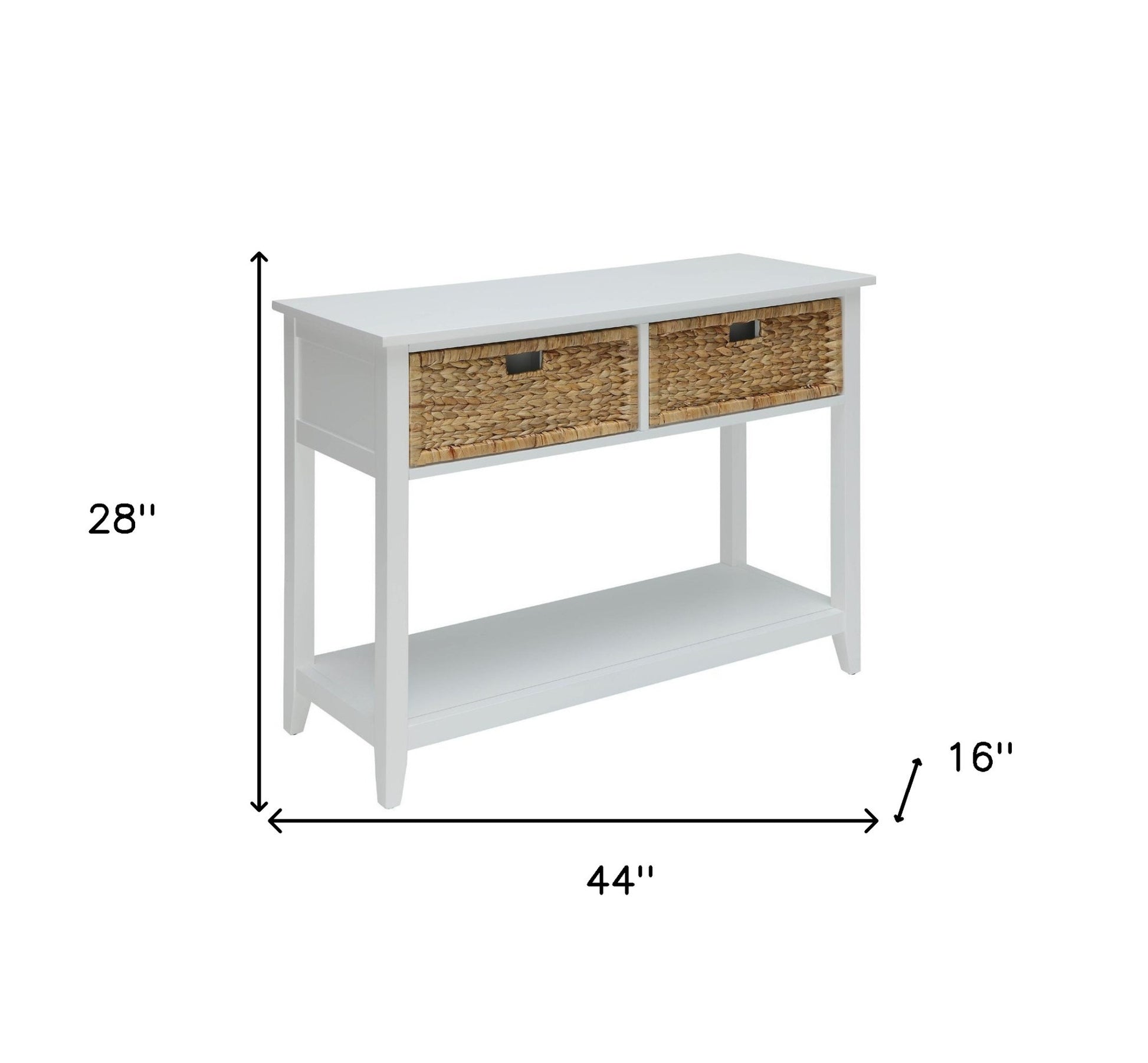 44" White and Natural Solid Wood Console Table With Shelves And Drawers-Console Tables-DECOROLALA