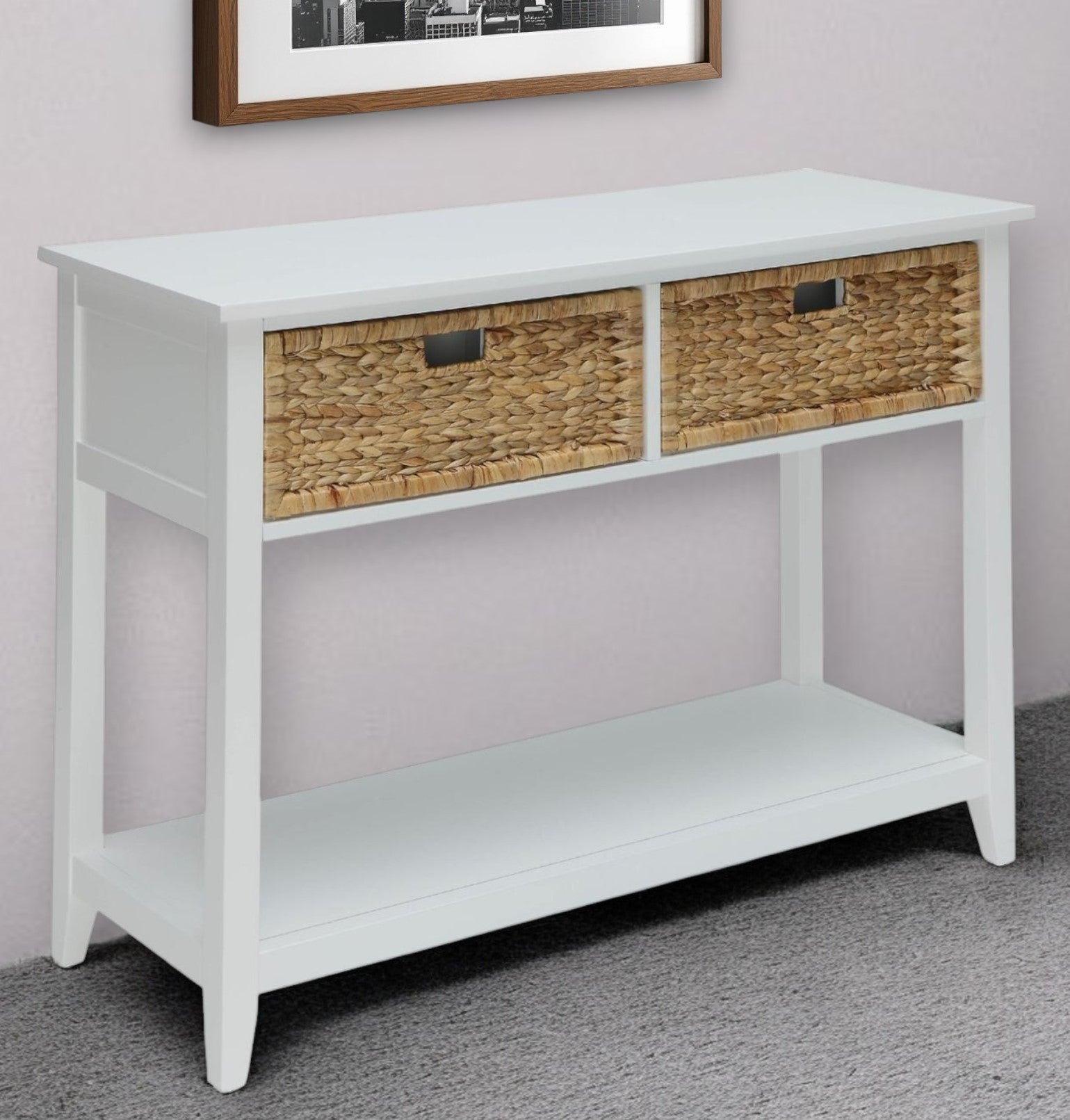 44" White and Natural Solid Wood Console Table With Shelves And Drawers-Console Tables-DECOROLALA