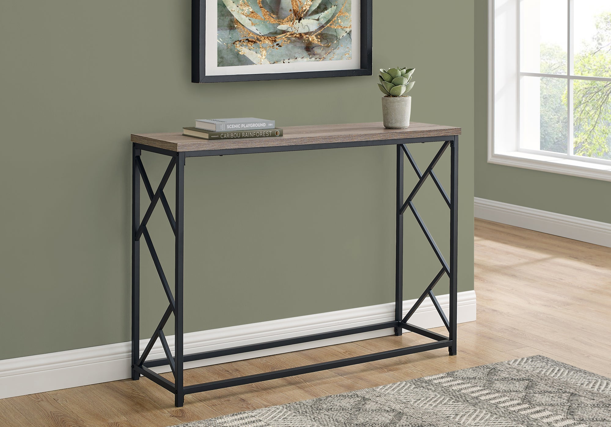 44"L Grey Wood Console Table with Black Metal Frame-Accent Table-DECOROLALA