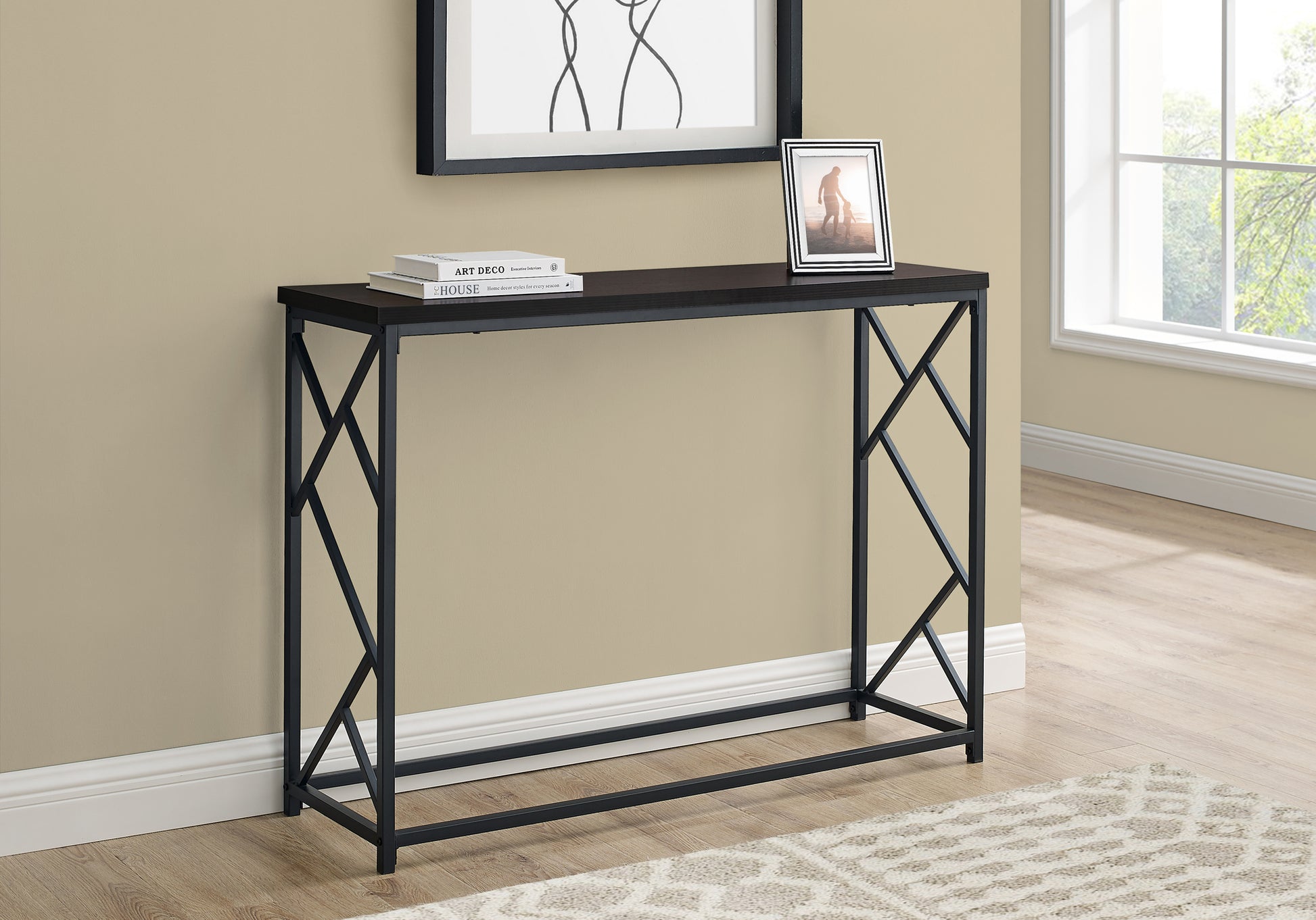 44"L Grey Wood Console Table with Black Metal Frame-Accent Table-DECOROLALA