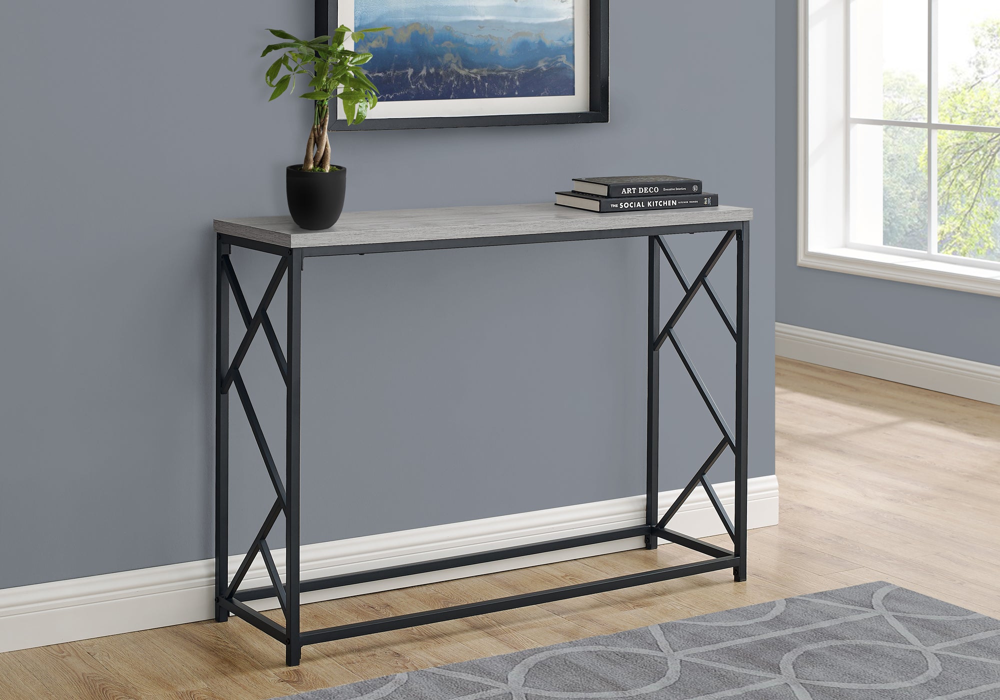 44"L Grey Wood Console Table with Black Metal Frame-Accent Table-DECOROLALA