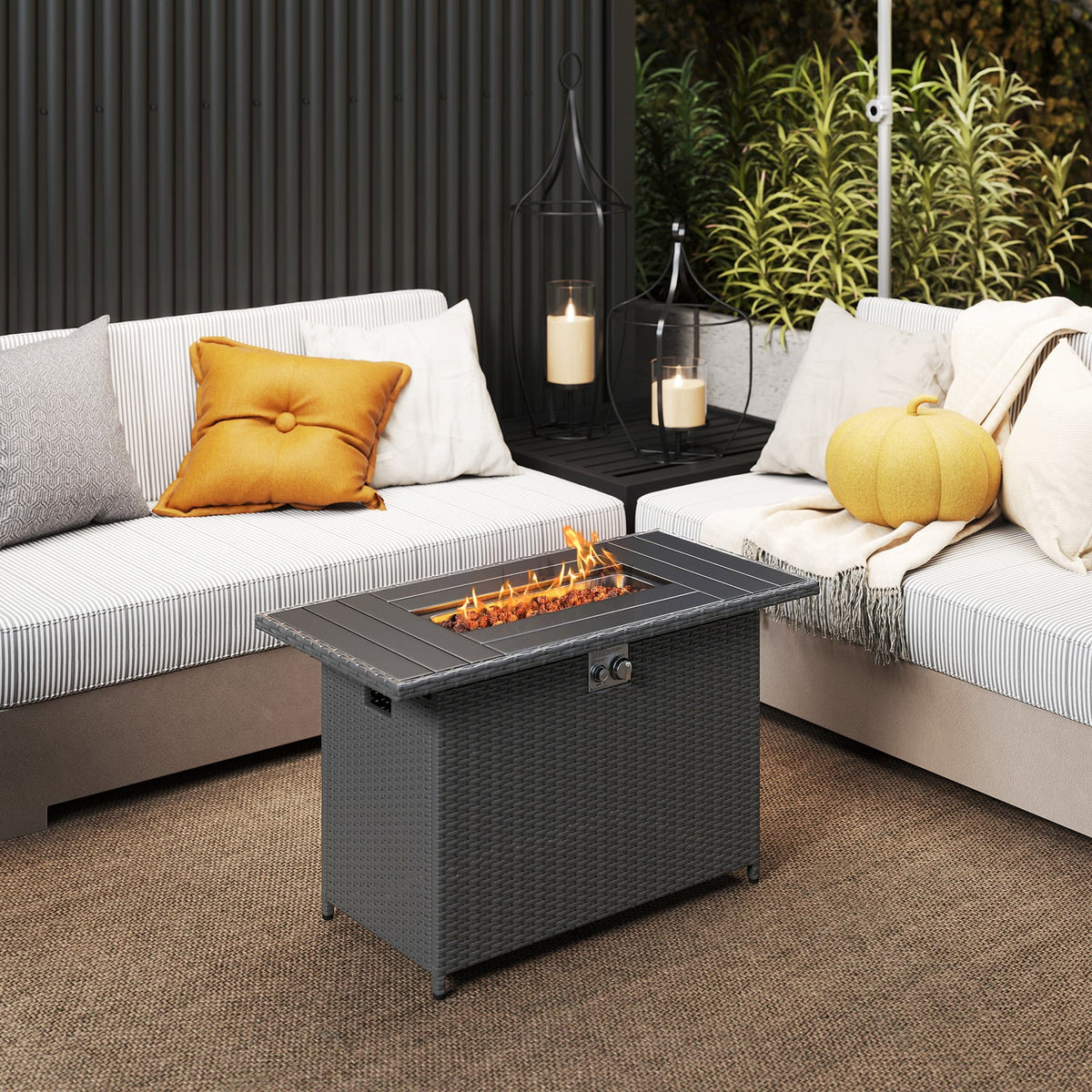 44.5 Inch Propane Fire Pit Table Rattan Gas 2-in-1 with Stainless Steel Burner-Black-Fire Pits-DECOROLALA