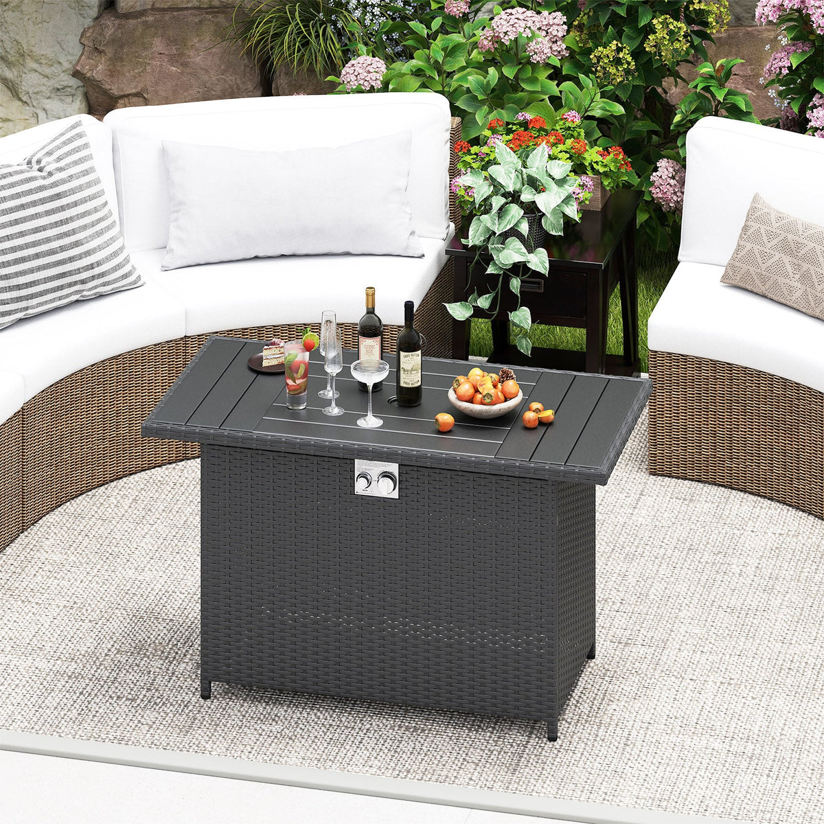 44.5 Inch Propane Fire Pit Table Rattan Gas 2-in-1 with Stainless Steel Burner-Black-Fire Pits-DECOROLALA