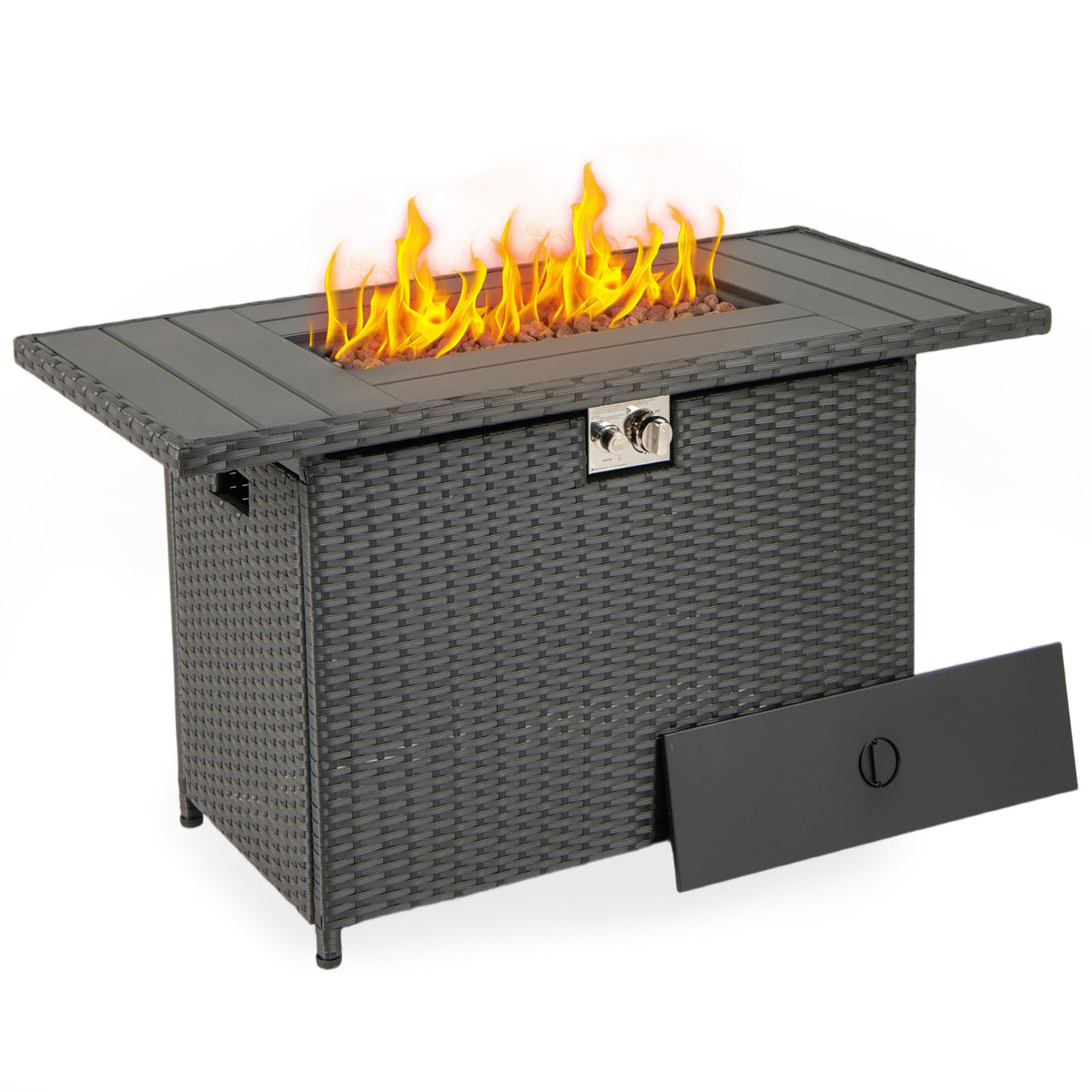 44.5 Inch Propane Fire Pit Table Rattan Gas 2-in-1 with Stainless Steel Burner-Black-Fire Pits-DECOROLALA