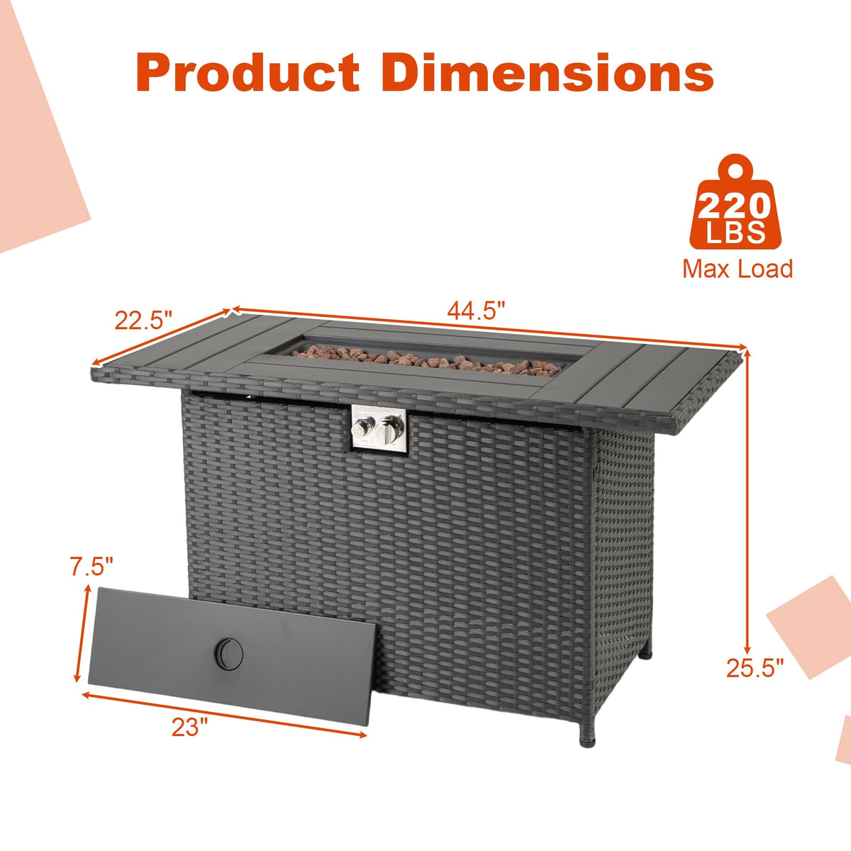 44.5 Inch Propane Fire Pit Table Rattan Gas 2-in-1 with Stainless Steel Burner-Black-Fire Pits-DECOROLALA