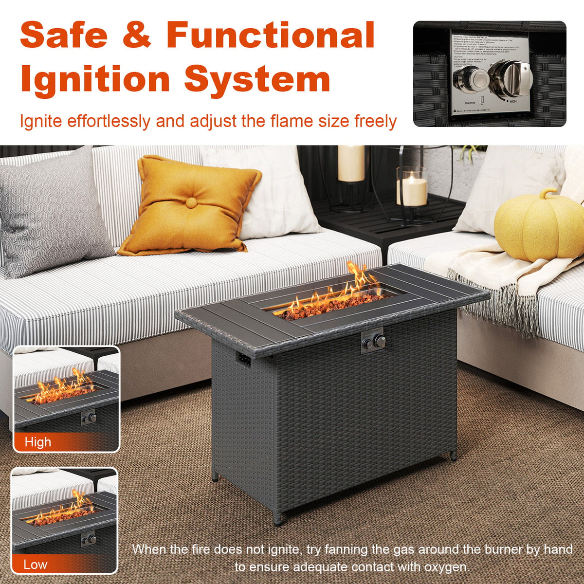44.5 Inch Propane Fire Pit Table Rattan Gas 2-in-1 with Stainless Steel Burner-Black-Fire Pits-DECOROLALA