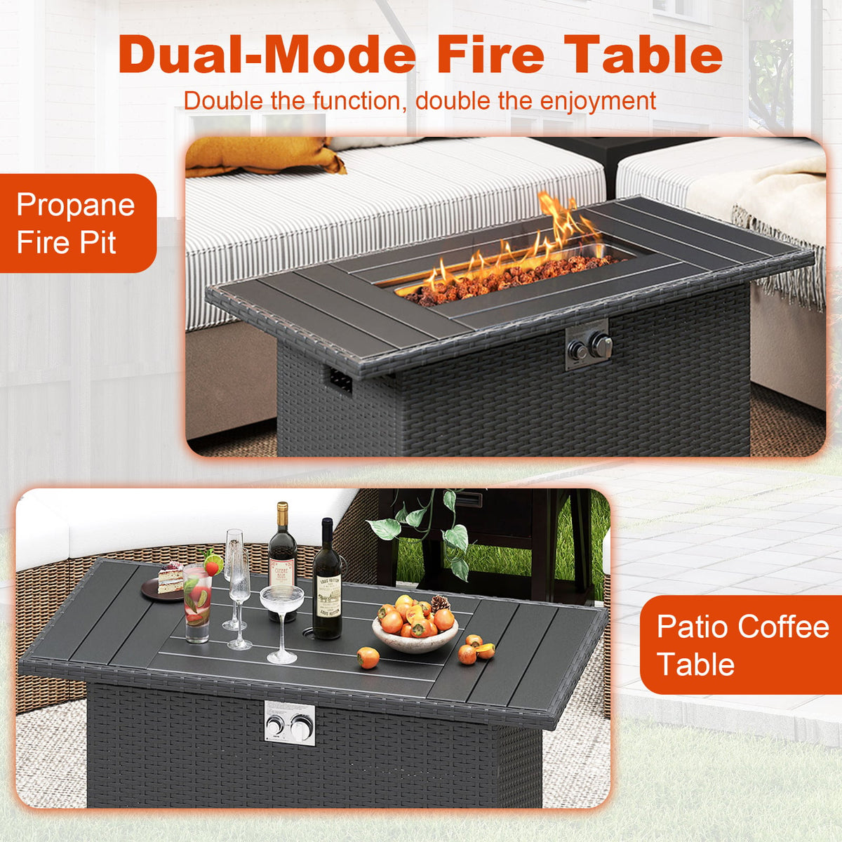 44.5 Inch Propane Fire Pit Table Rattan Gas 2-in-1 with Stainless Steel Burner-Black-Fire Pits-DECOROLALA
