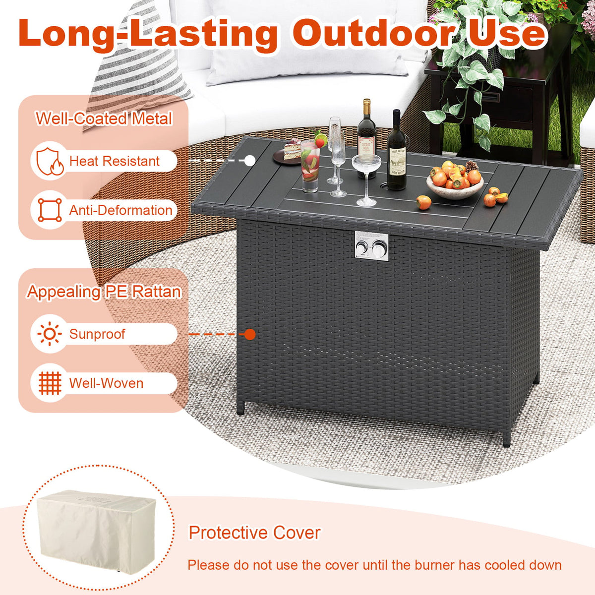 44.5 Inch Propane Fire Pit Table Rattan Gas 2-in-1 with Stainless Steel Burner-Black-Fire Pits-DECOROLALA