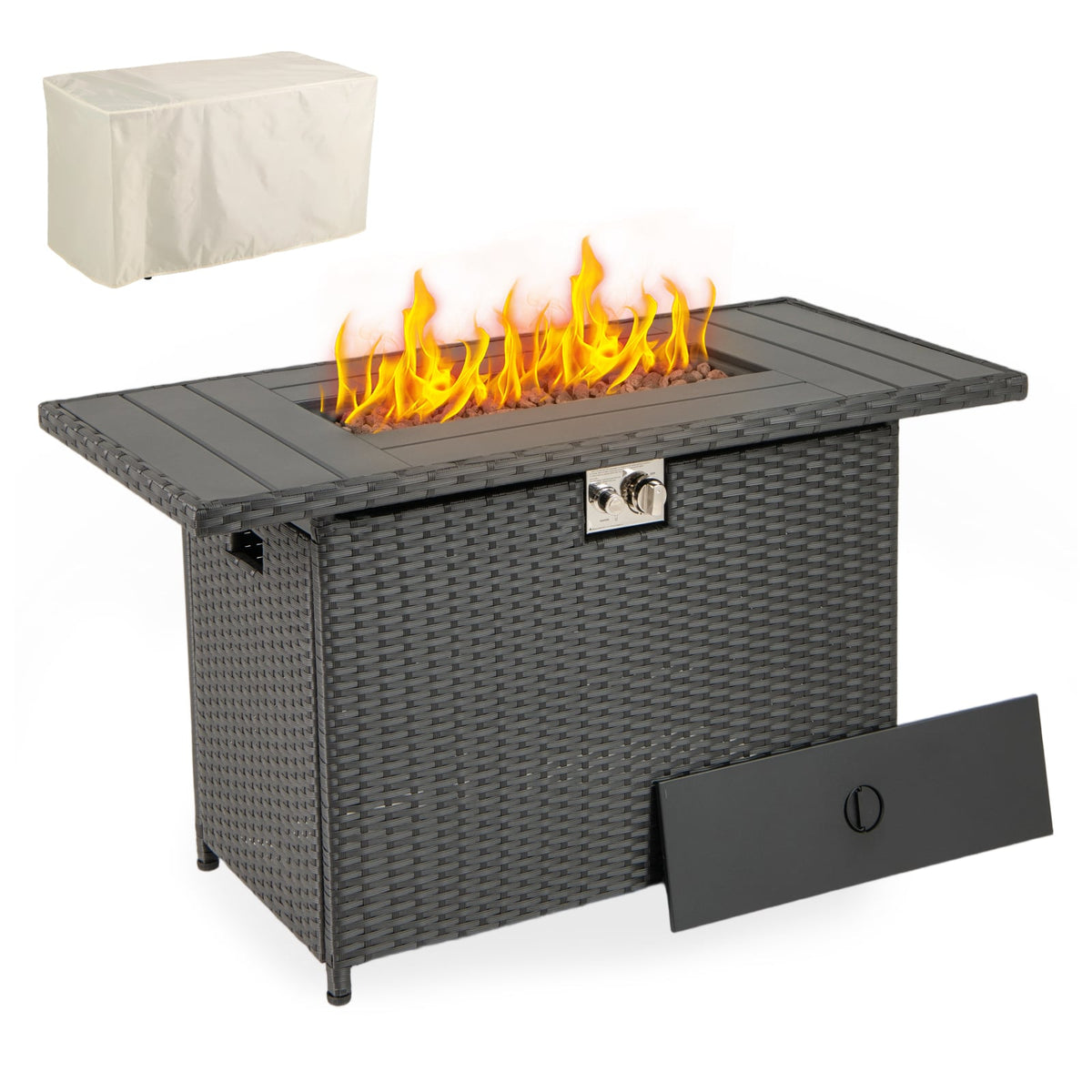 44.5 Inch Propane Fire Pit Table Rattan Gas 2-in-1 with Stainless Steel Burner-Black-Fire Pits-DECOROLALA