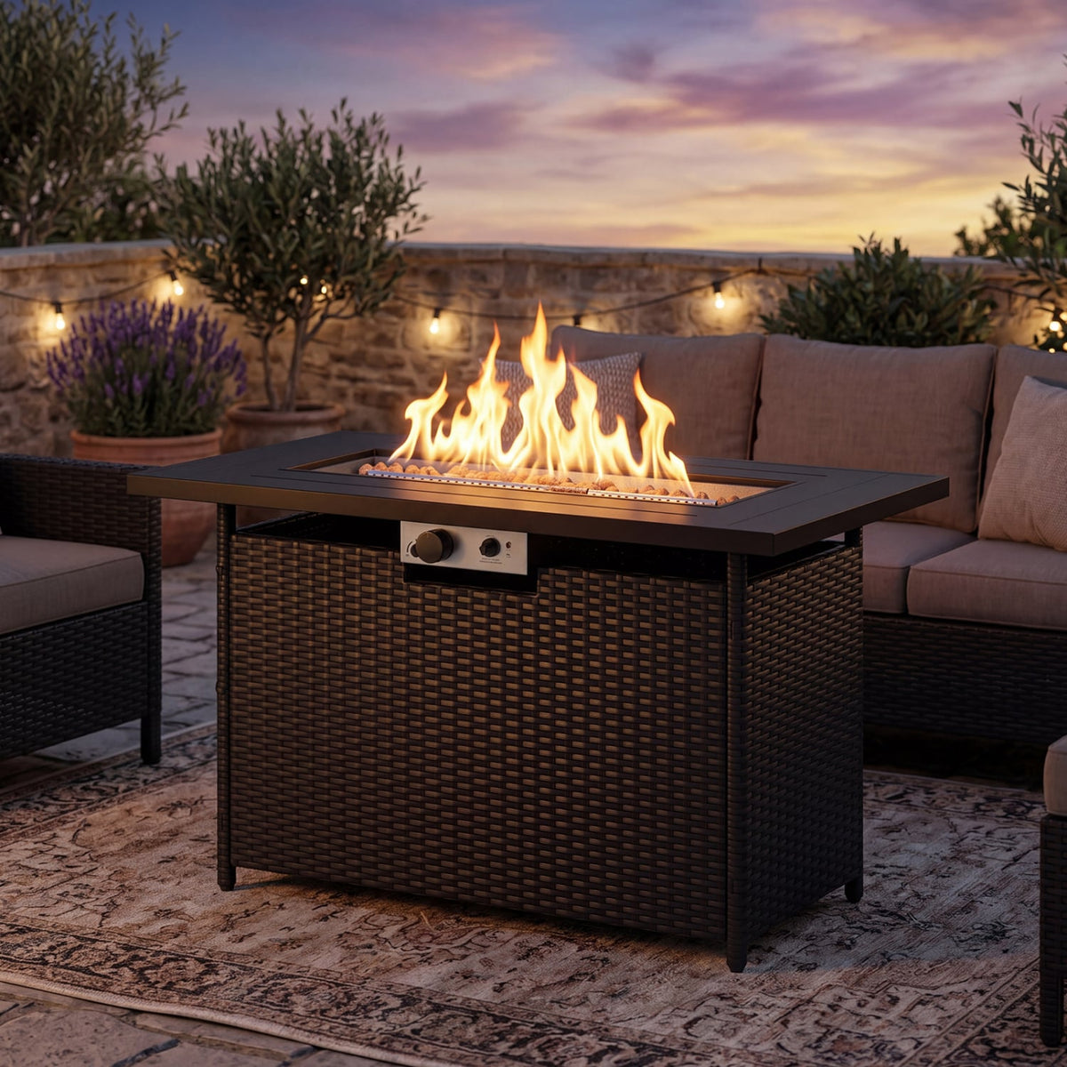 44.5 Inch Propane Fire Pit Table Rattan Gas 2-in-1 with Stainless Steel Burner-Black & Gray-Fire Pits-DECOROLALA