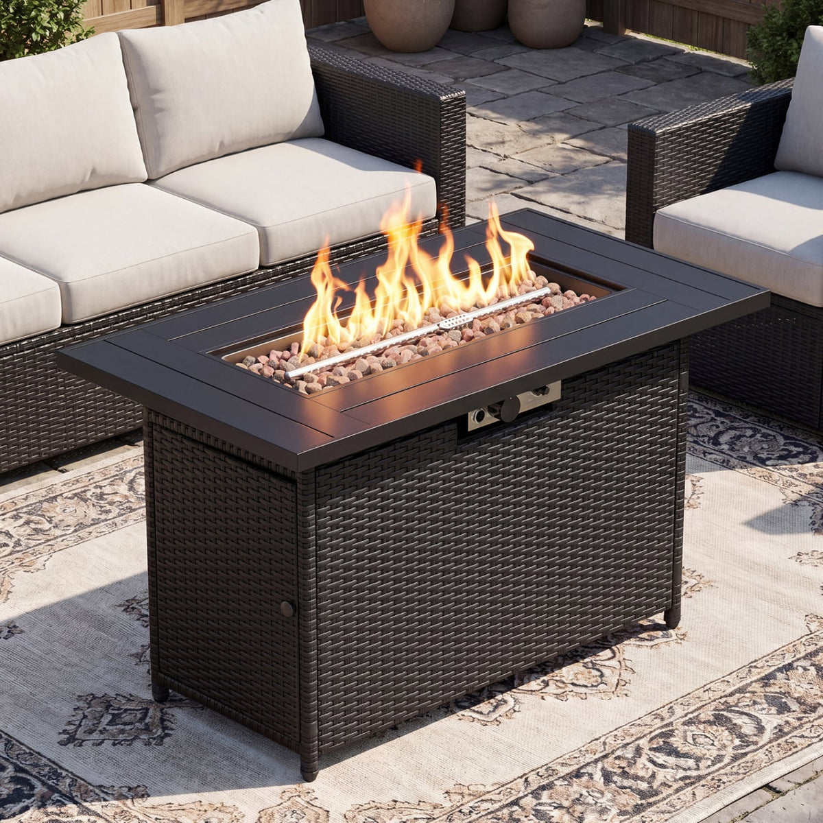 44.5 Inch Propane Fire Pit Table Rattan Gas 2-in-1 with Stainless Steel Burner-Black & Gray-Fire Pits-DECOROLALA