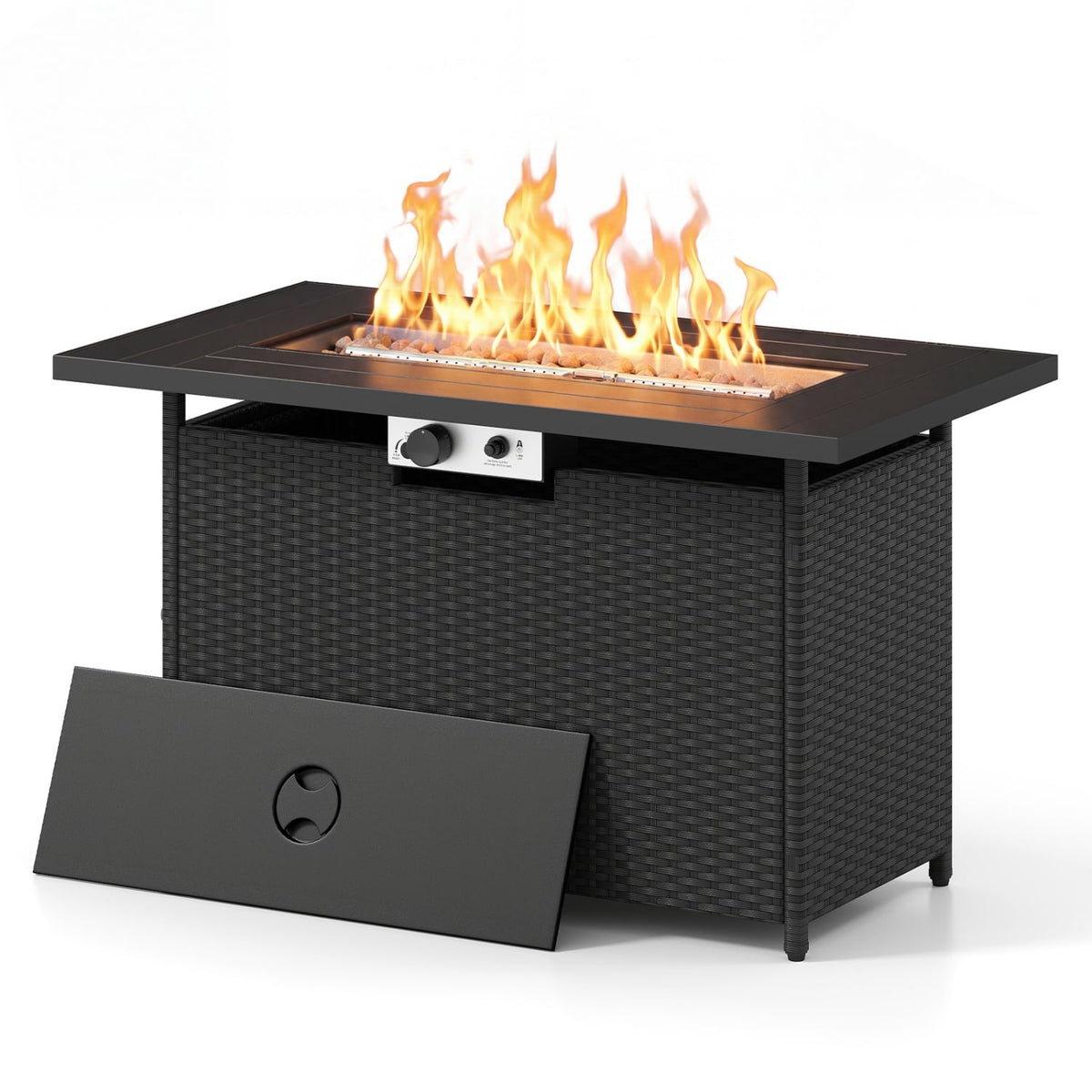44.5 Inch Propane Fire Pit Table Rattan Gas 2-in-1 with Stainless Steel Burner-Black & Gray-Fire Pits-DECOROLALA