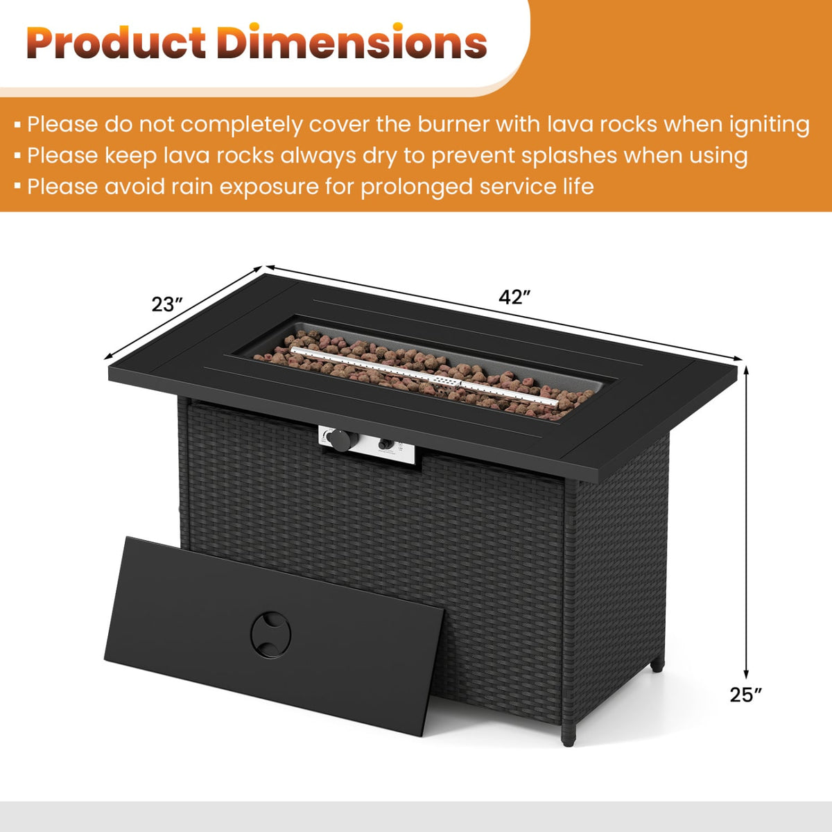 44.5 Inch Propane Fire Pit Table Rattan Gas 2-in-1 with Stainless Steel Burner-Black & Gray-Fire Pits-DECOROLALA