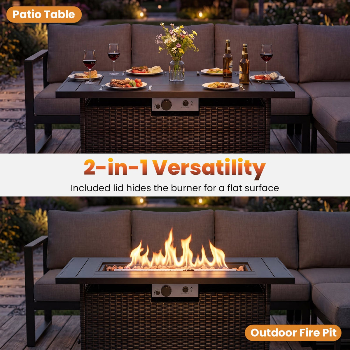 44.5 Inch Propane Fire Pit Table Rattan Gas 2-in-1 with Stainless Steel Burner-Black & Gray-Fire Pits-DECOROLALA