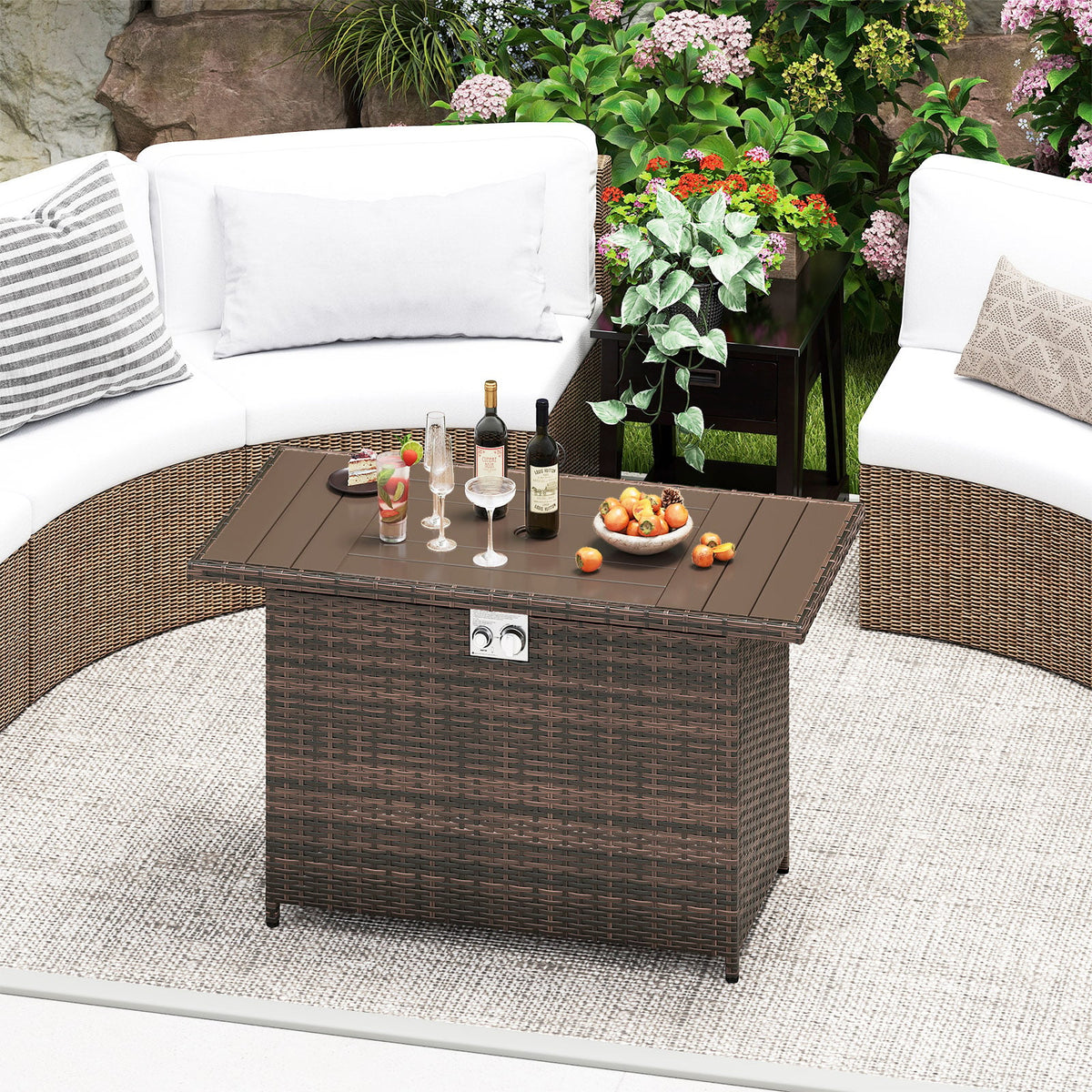 44.5 Inch Propane Fire Pit Table Rattan Gas 2-in-1 with Stainless Steel Burner-Brown-Fire Pits-DECOROLALA