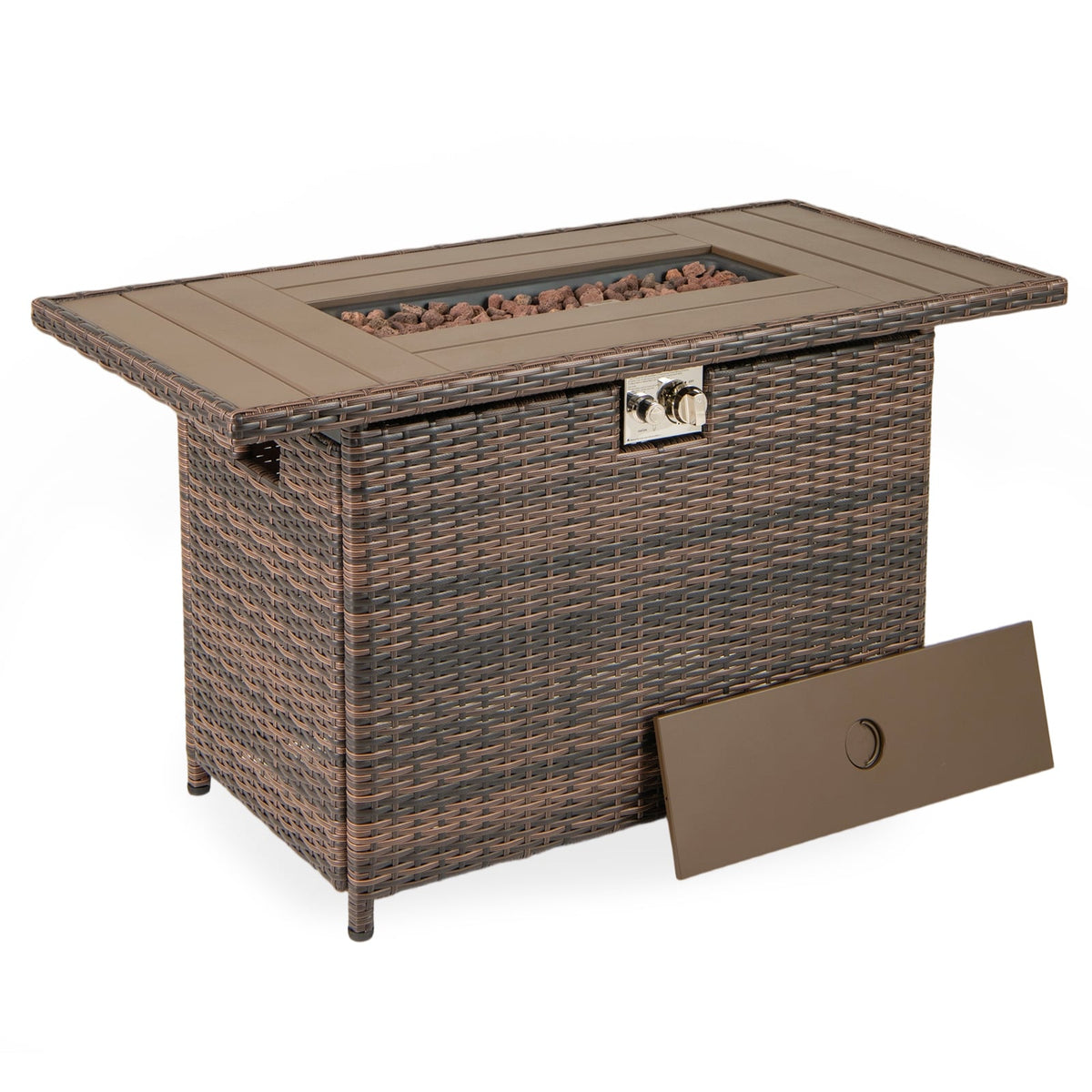 44.5 Inch Propane Fire Pit Table Rattan Gas 2-in-1 with Stainless Steel Burner-Brown-Fire Pits-DECOROLALA