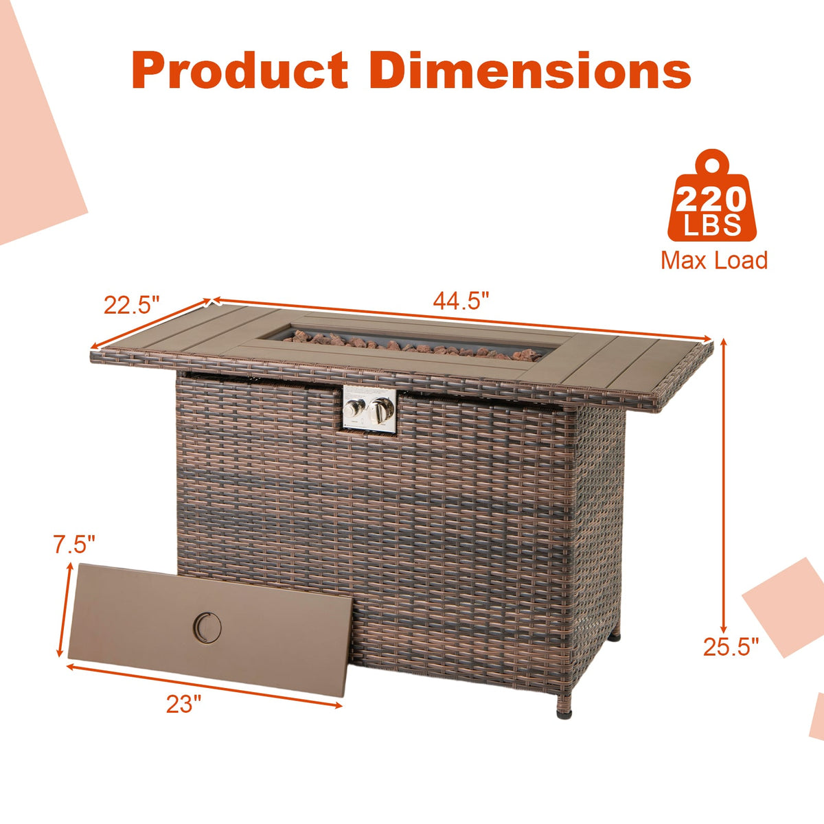 44.5 Inch Propane Fire Pit Table Rattan Gas 2-in-1 with Stainless Steel Burner-Brown-Fire Pits-DECOROLALA