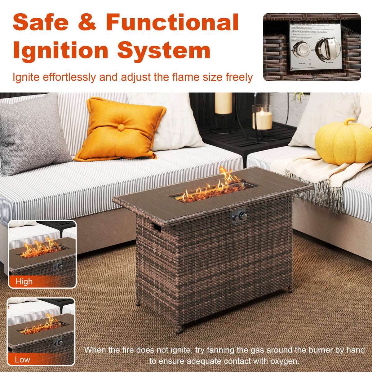 44.5 Inch Propane Fire Pit Table Rattan Gas 2-in-1 with Stainless Steel Burner-Brown-Fire Pits-DECOROLALA