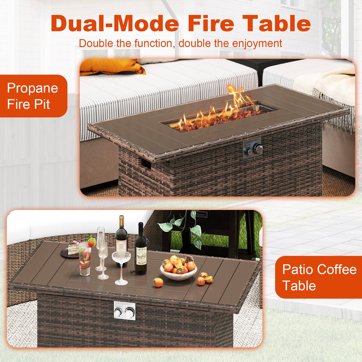 44.5 Inch Propane Fire Pit Table Rattan Gas 2-in-1 with Stainless Steel Burner-Brown-Fire Pits-DECOROLALA